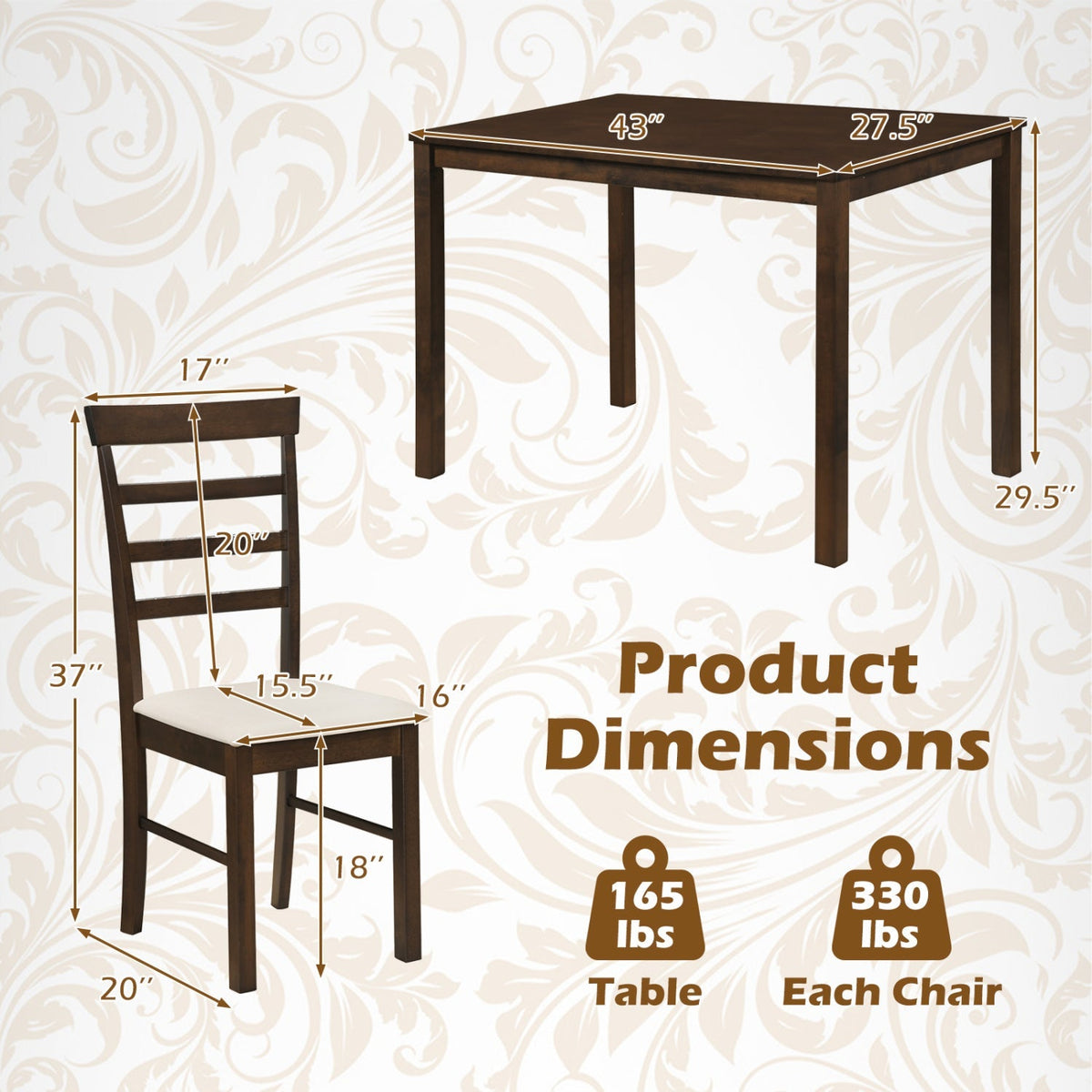 5-Piece Dining Table Set for 4 with Upholstered Chairs