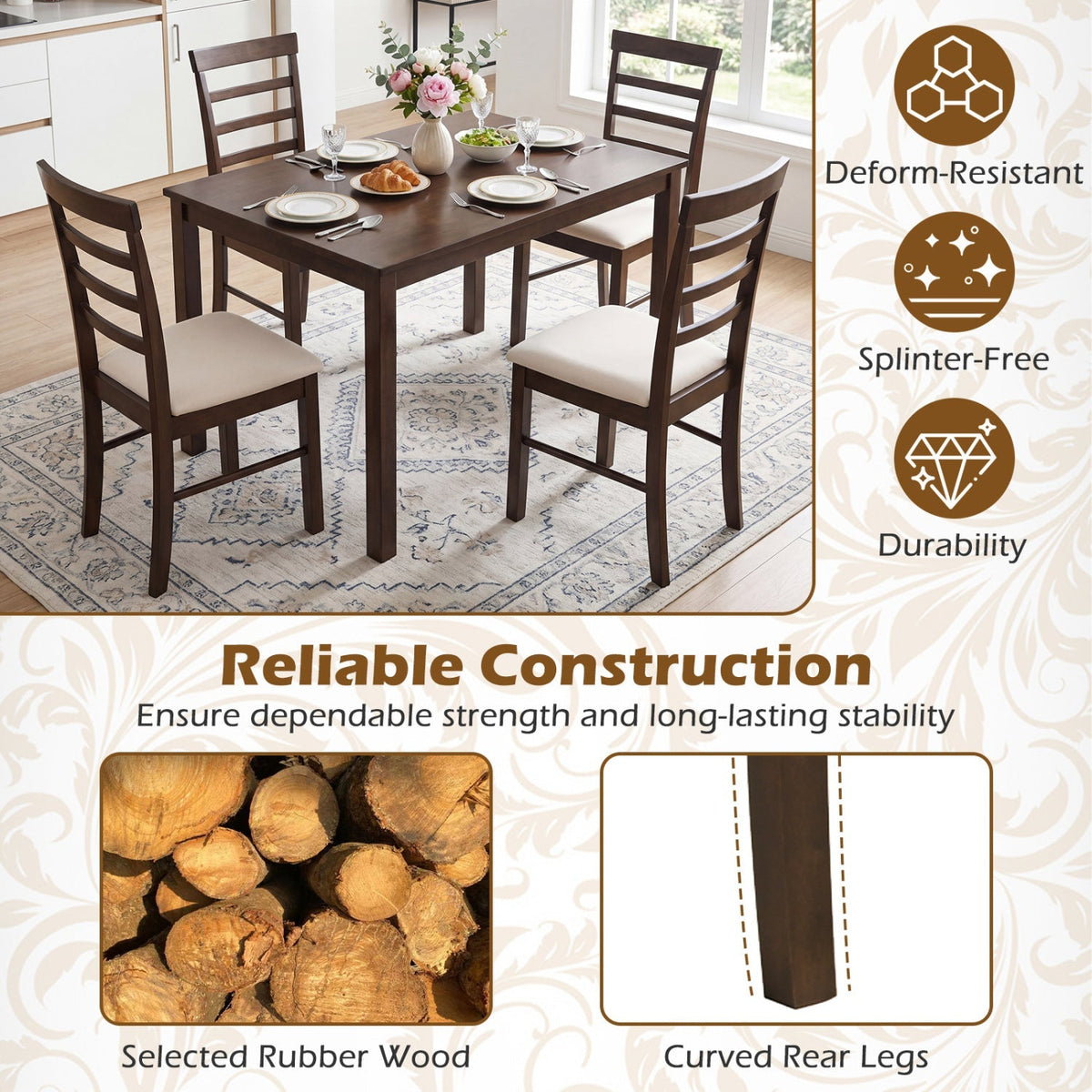 5-Piece Dining Table Set for 4 with Upholstered Chairs