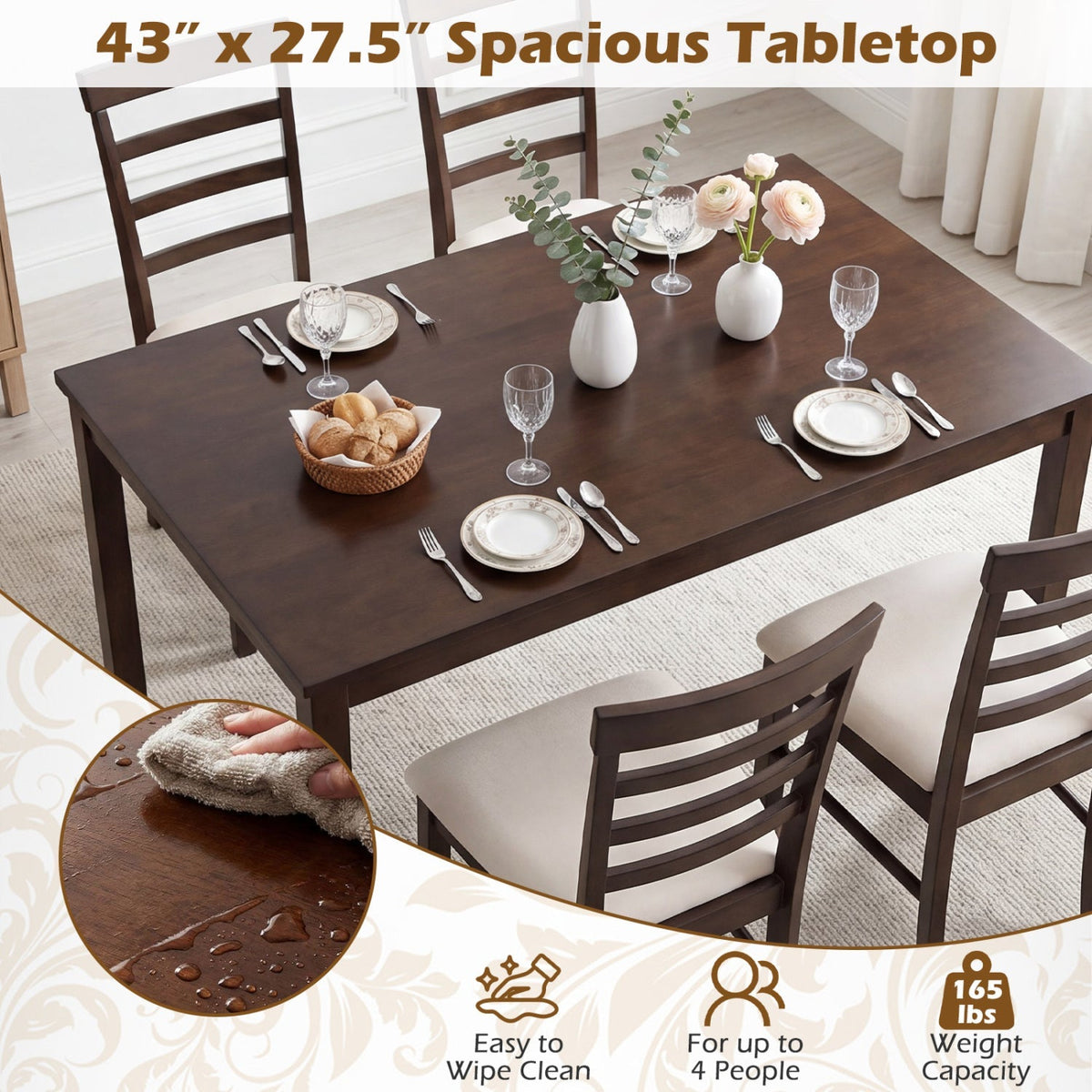 5-Piece Dining Table Set for 4 with Upholstered Chairs
