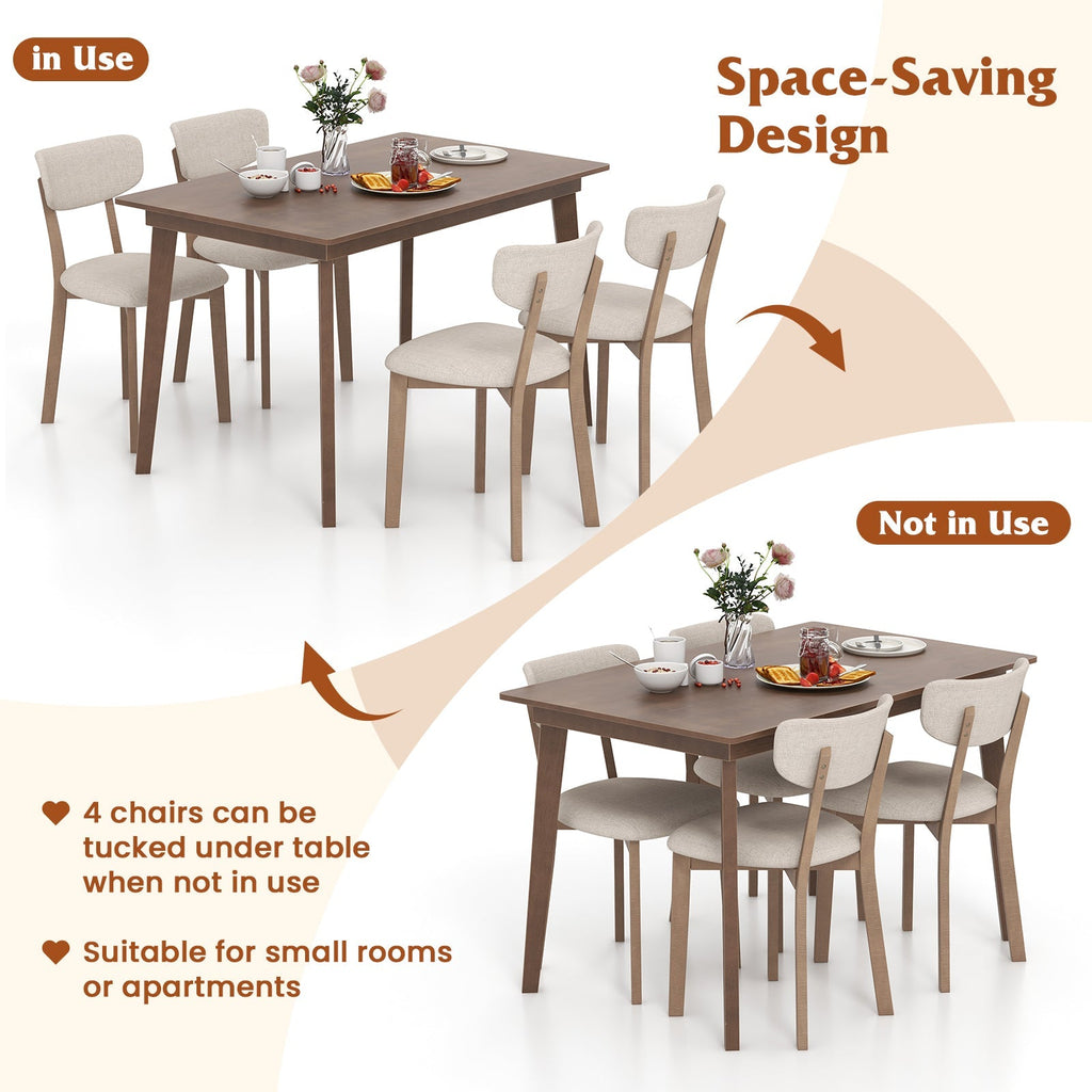 5-Piece Dining Table Set for 4 with Rubber Wood Frame and Padded Set-Brown