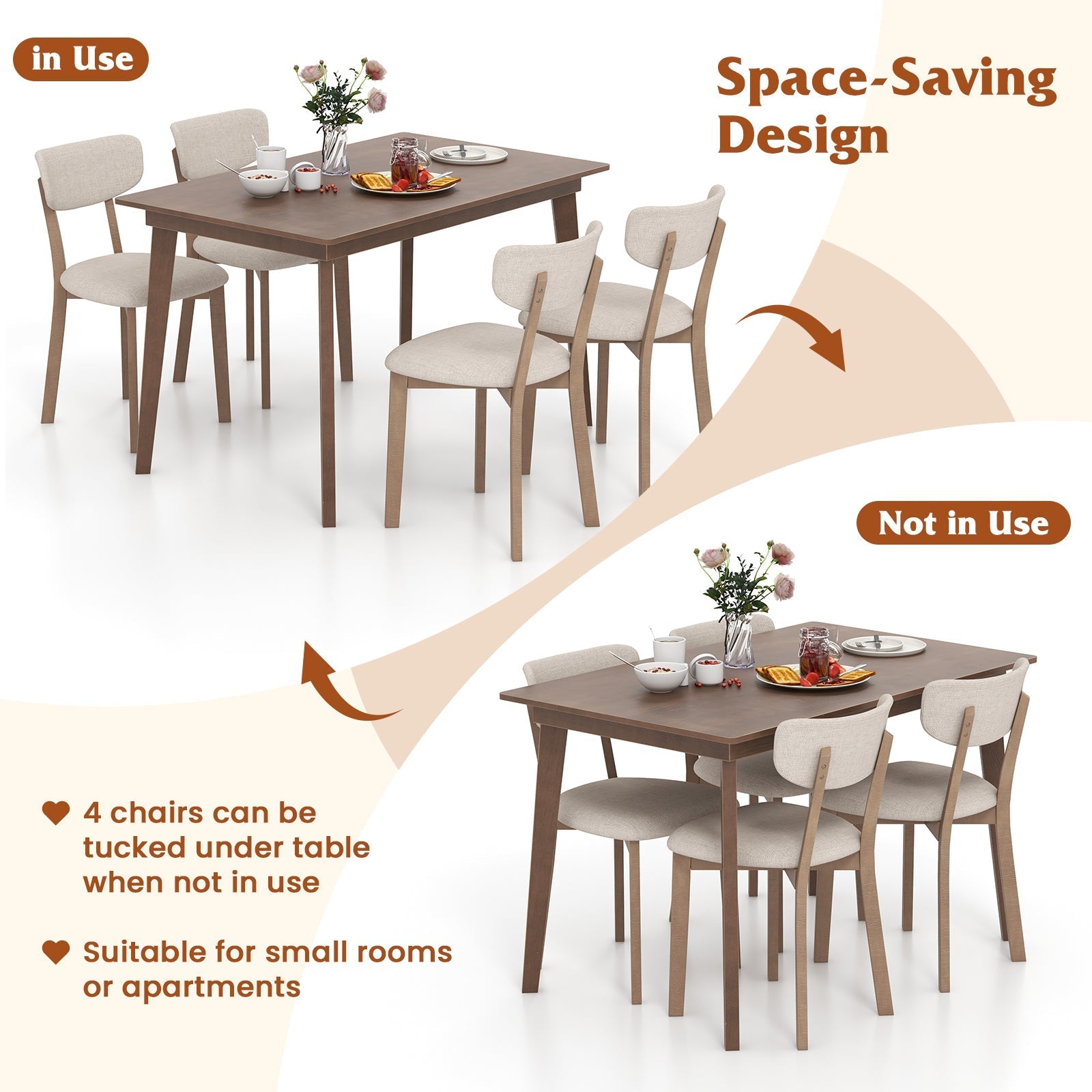5-Piece Dining Table Set for 4 with Rubber Wood Frame and Padded Set-Brown