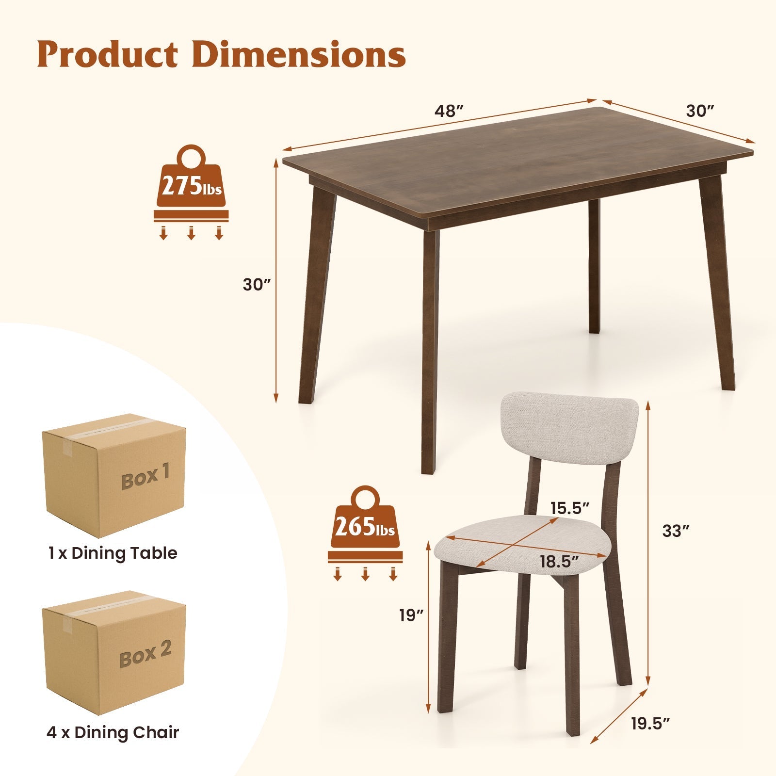 5-Piece Dining Table Set for 4 with Rubber Wood Frame and Padded Set-Brown