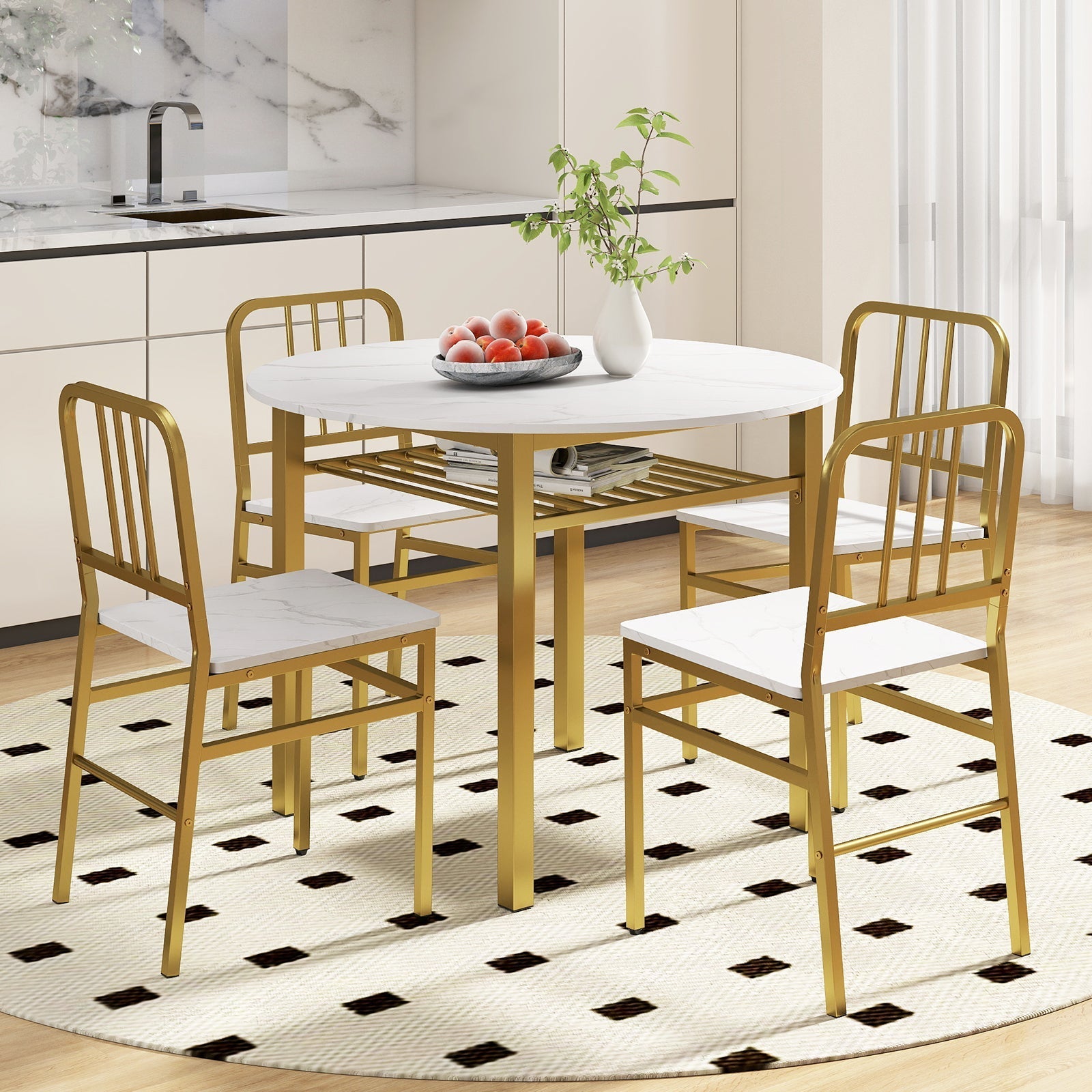 5-Piece Round Dining Table Set with Storage Shelf for Dining Room