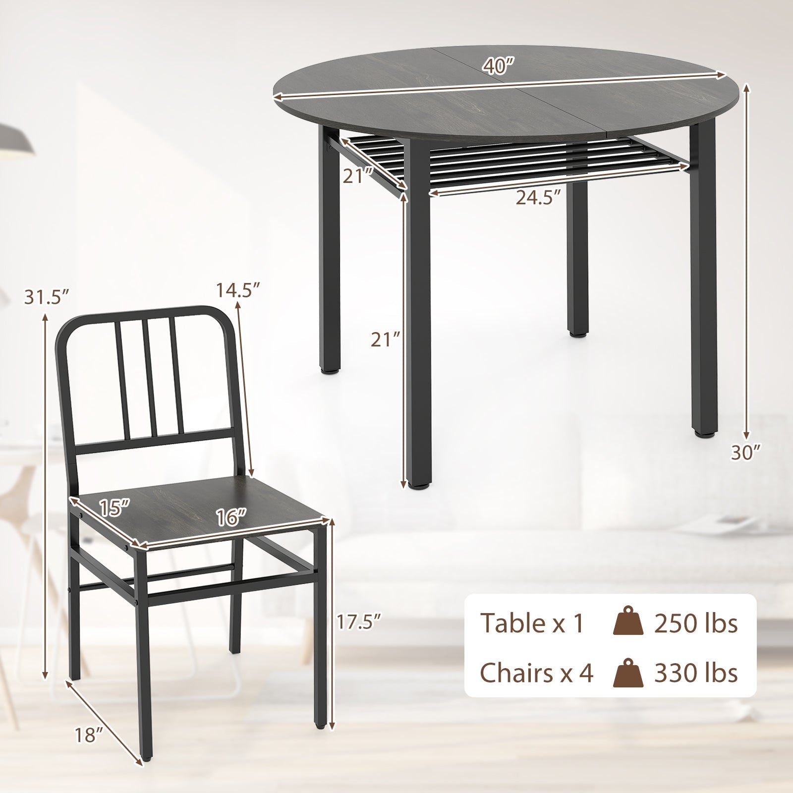 5-Piece Round Dining Table Set with Storage Shelf for Dining Room