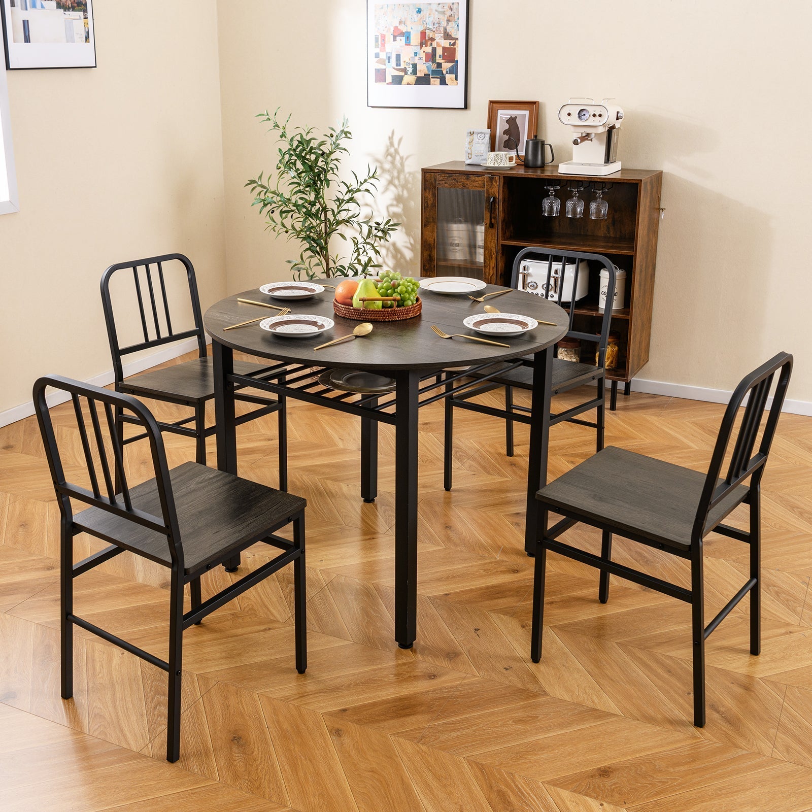 5-Piece Round Dining Table Set with Storage Shelf for Dining Room