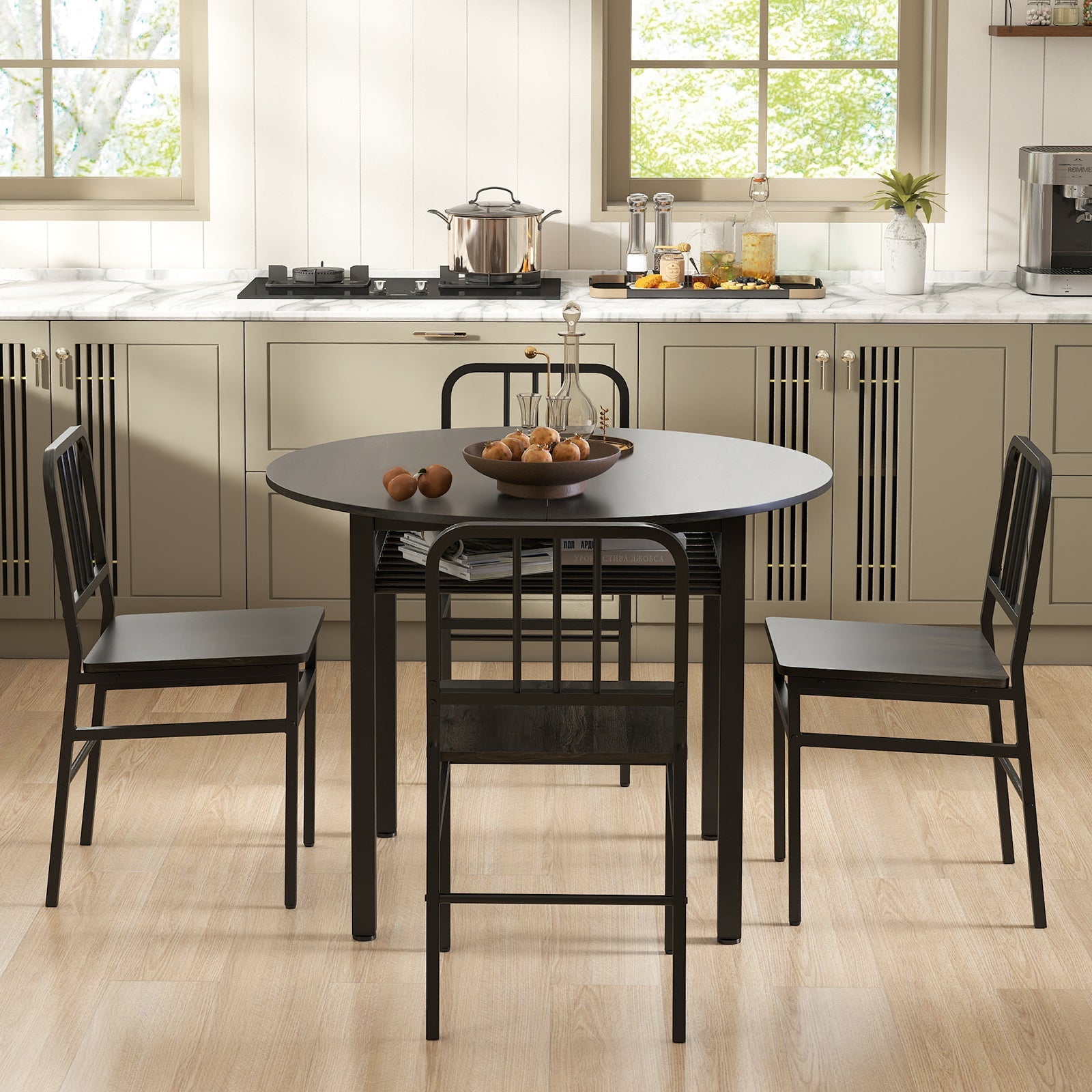 5-Piece Round Dining Table Set with Storage Shelf for Dining Room