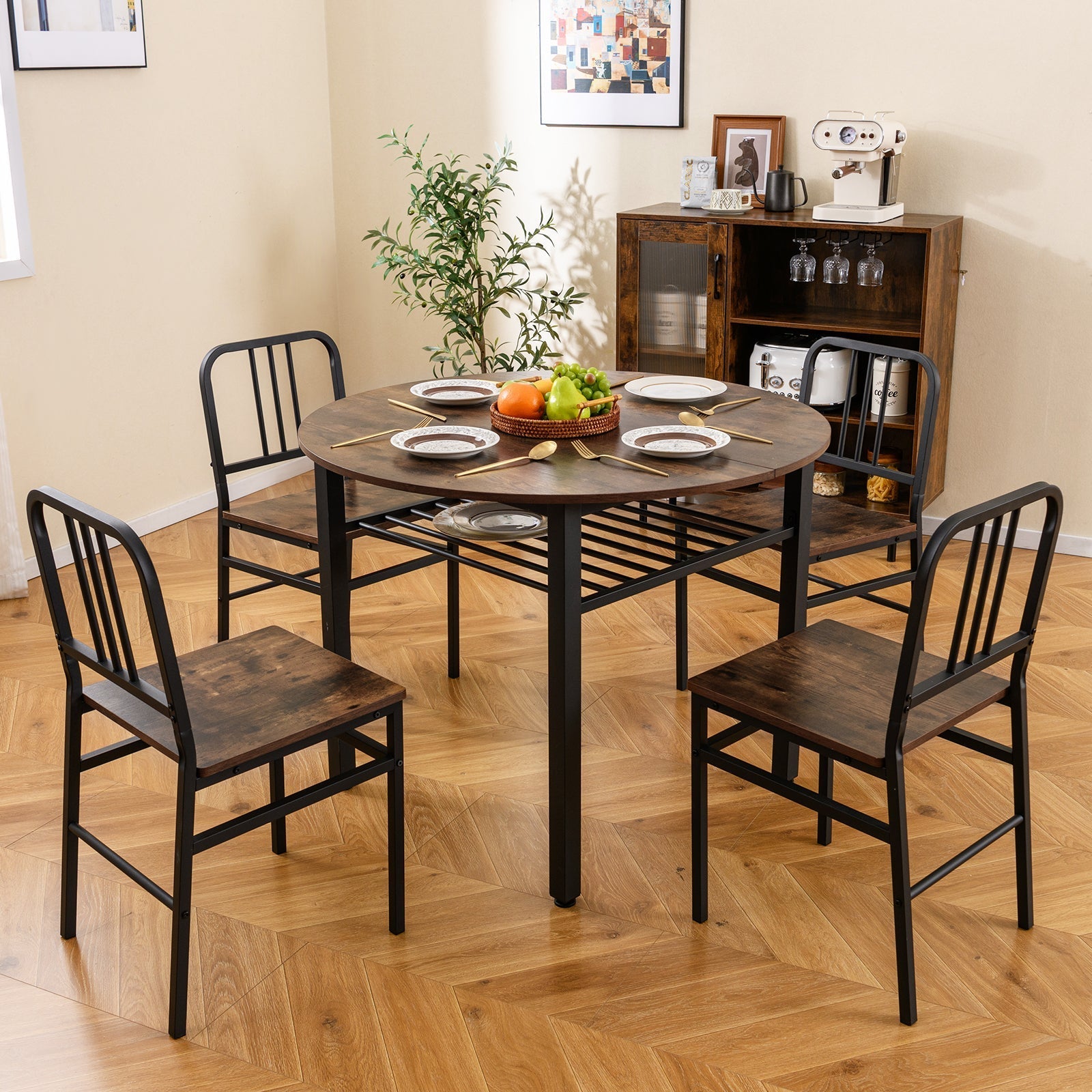 5-Piece Round Dining Table Set with Storage Shelf for Dining Room