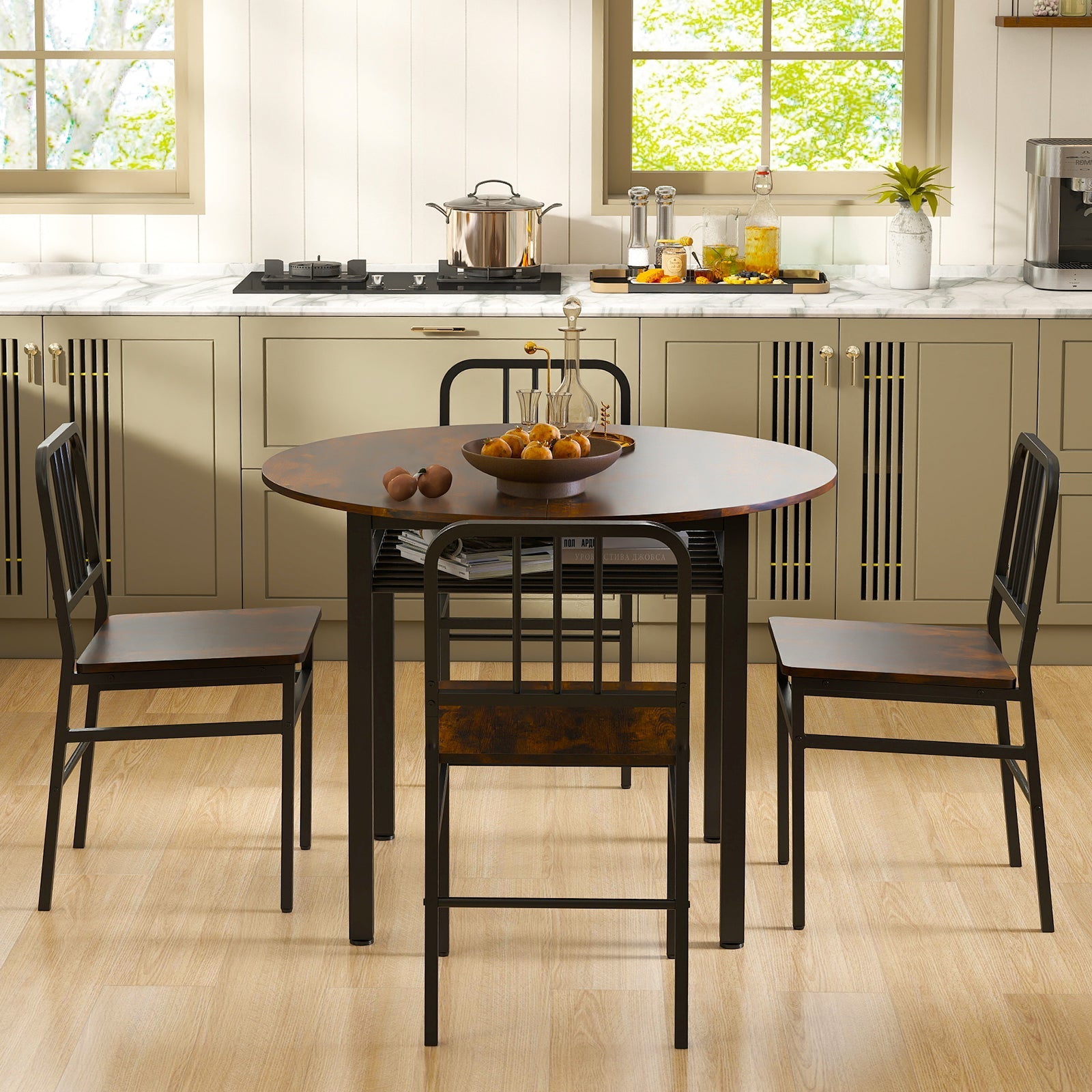 5-Piece Round Dining Table Set with Storage Shelf for Dining Room