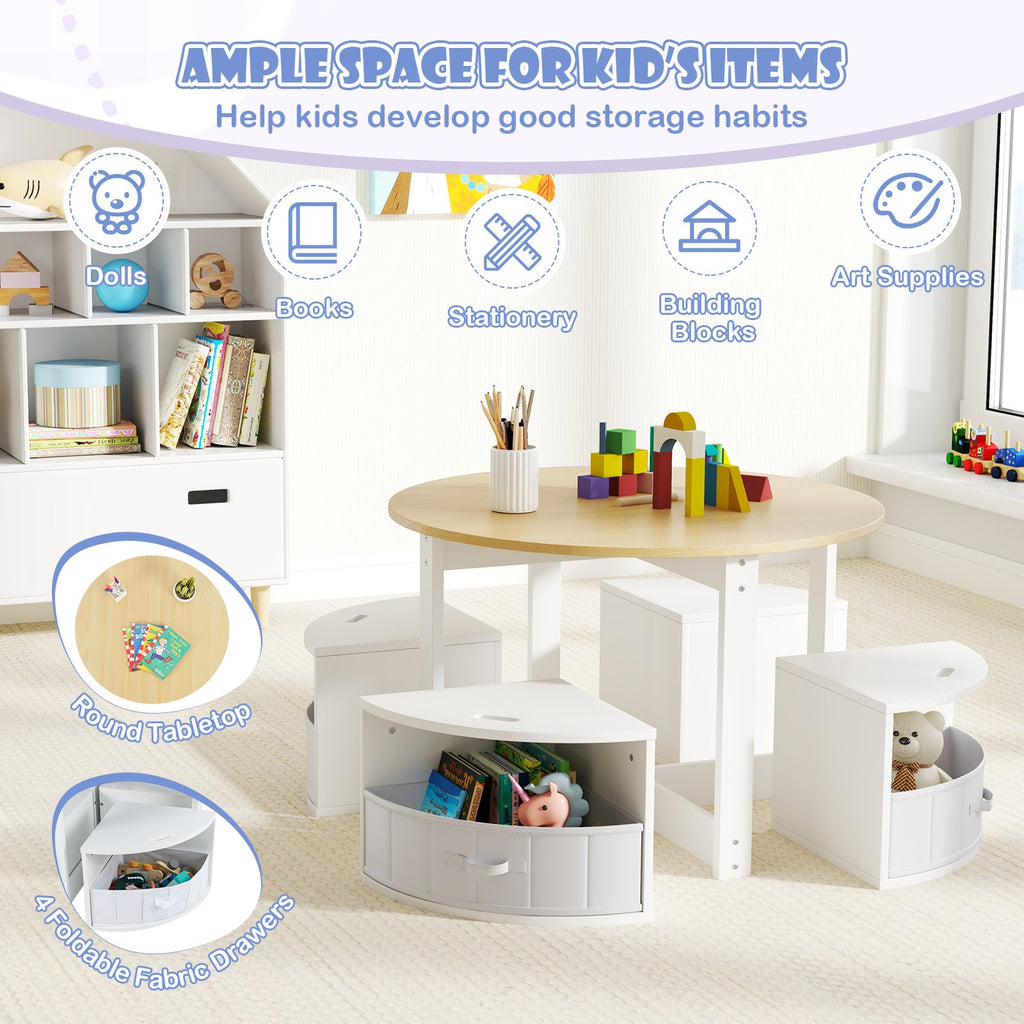 5 Piece Toddler Round Nesting Table with 4 Storage Stools for Activity
