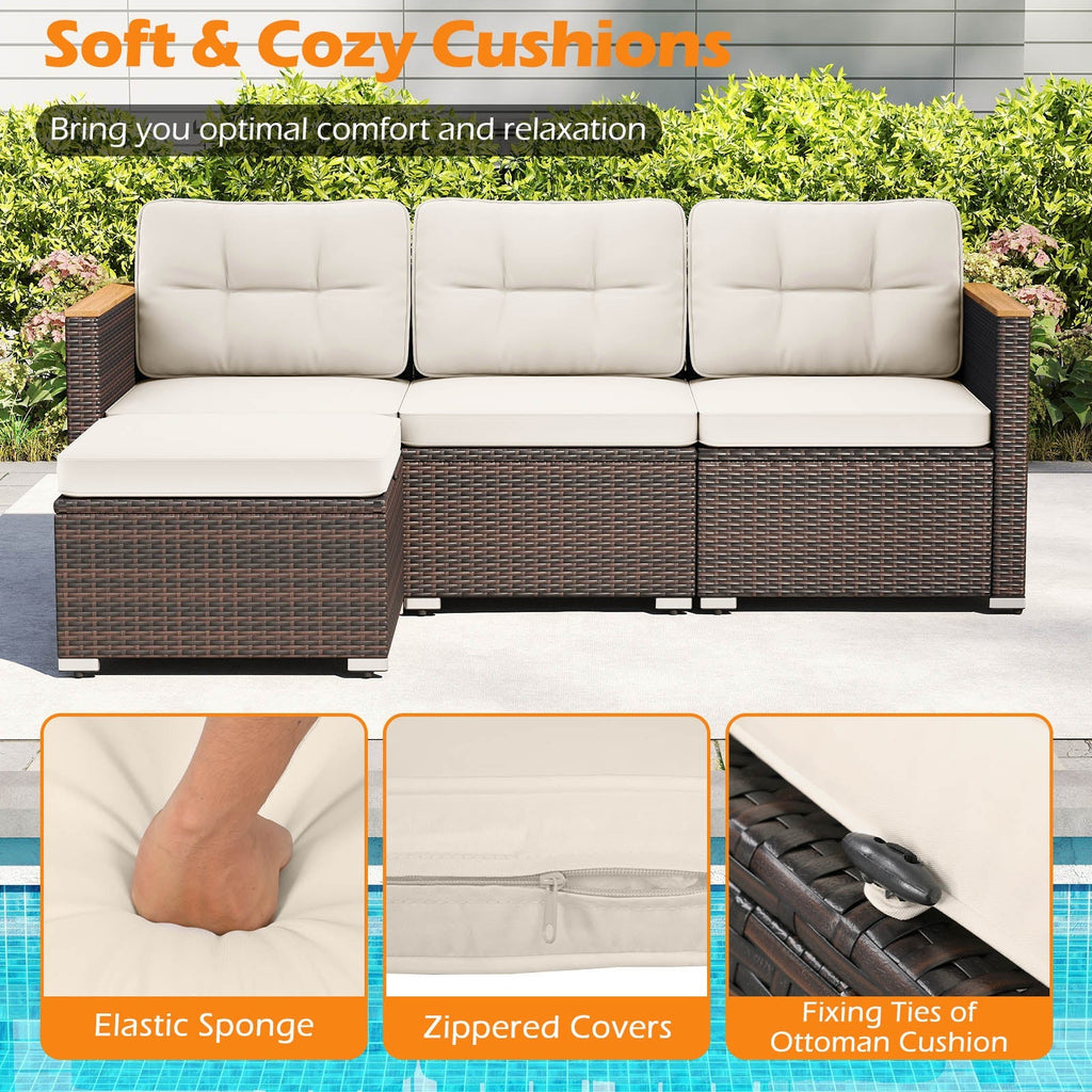 5-Piece Wicker Conversation Set Rattan Set with Cushions and Coffee Table-White