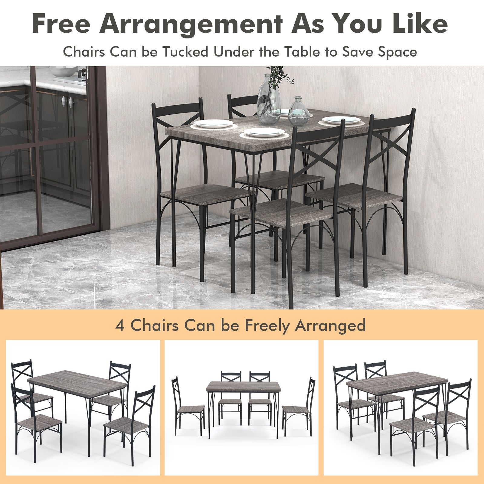 5 Pieces Dining Table Set with Metal Frame for Kitchen Dining Room-Gray