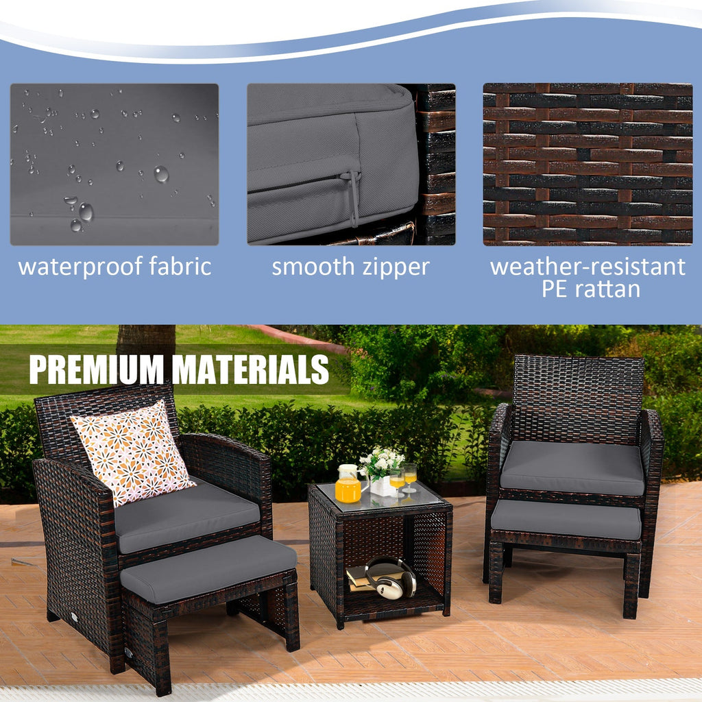 5 Pieces Patio Rattan Furniture Set with Ottoman and Tempered Glass Coffee Table-Gray