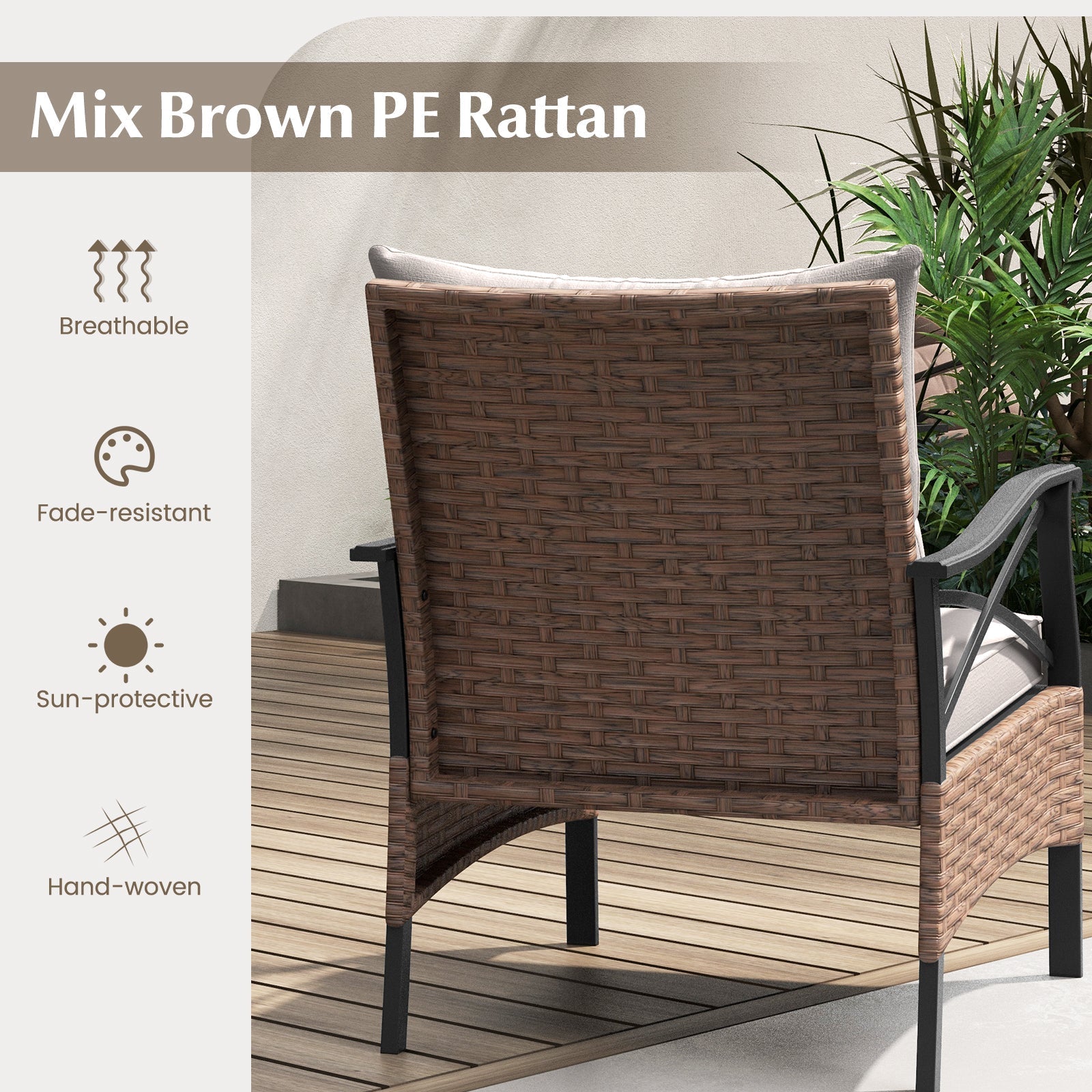 5 Pieces Wicker Patio Furniture Set Ottomans and Cushions and 2-Tier Tempered Glass Side Table-Brown
