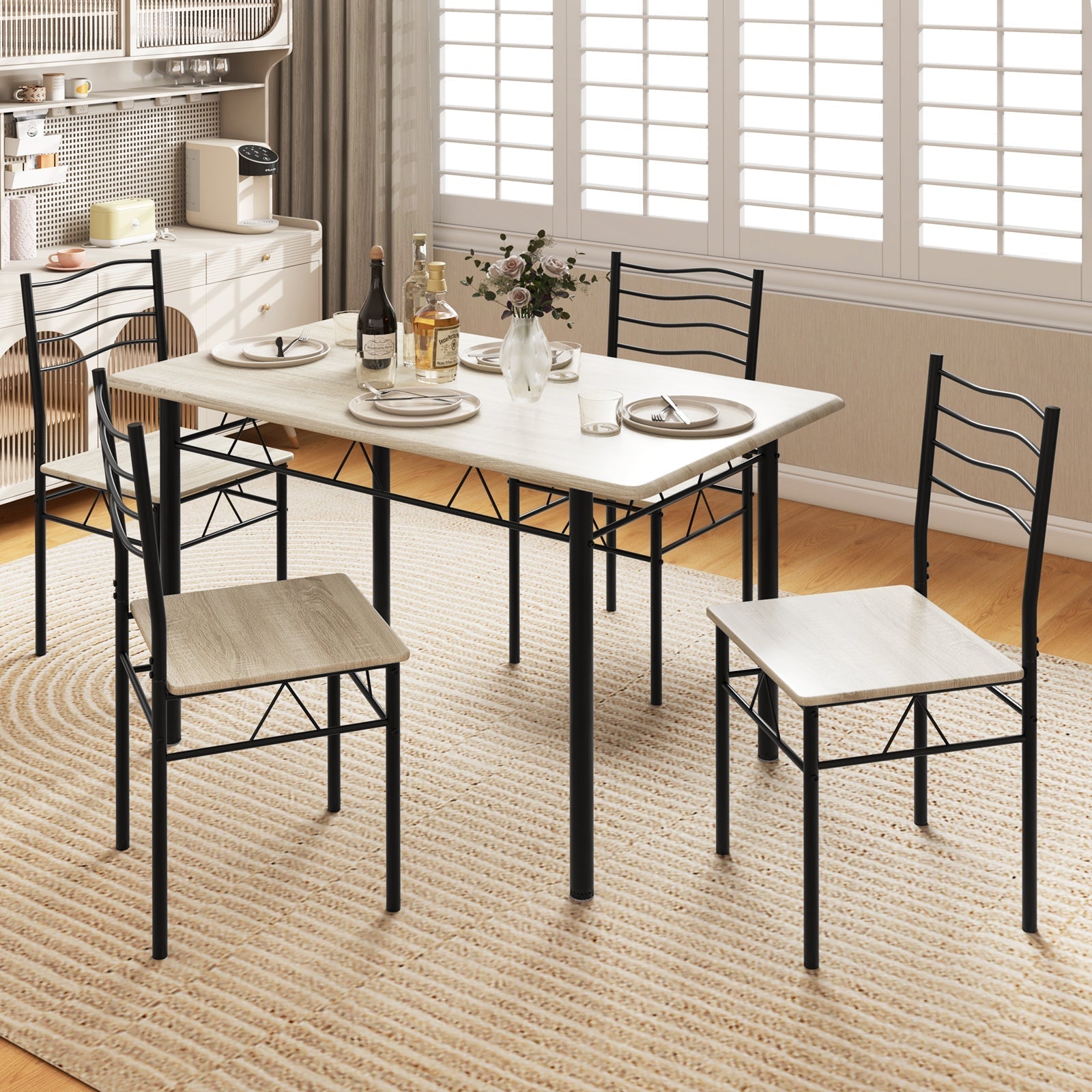 5 Pieces Wood Metal Dining Table Set with 4 Chairs