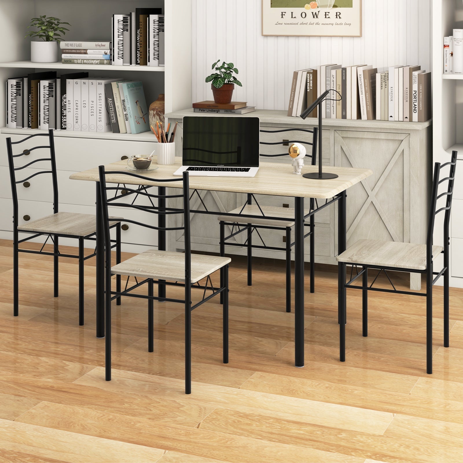 5 Pieces Wood Metal Dining Table Set with 4 Chairs