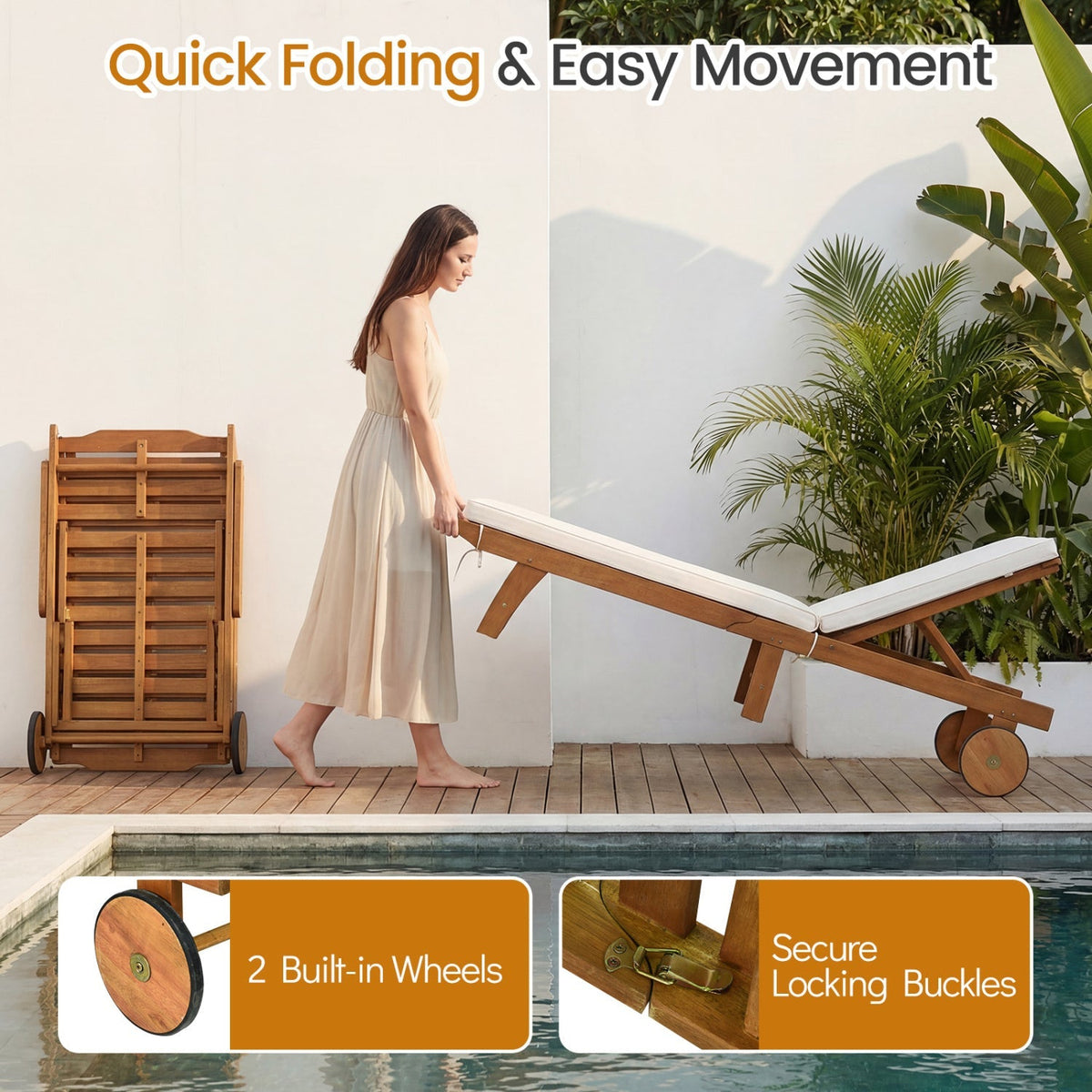 Adjustable Patio Chaise Lounge with Cushion and Wheels