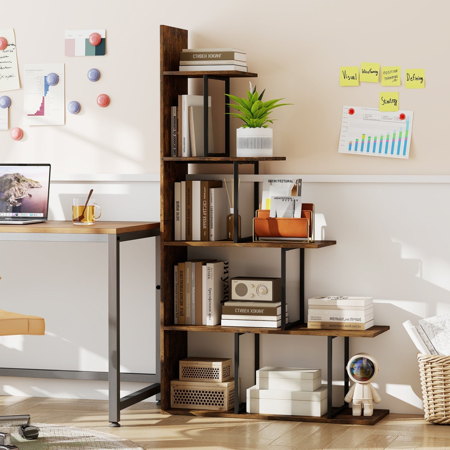 5-Tier Stepped Bookshelf 62" Tall with Metal Frame
