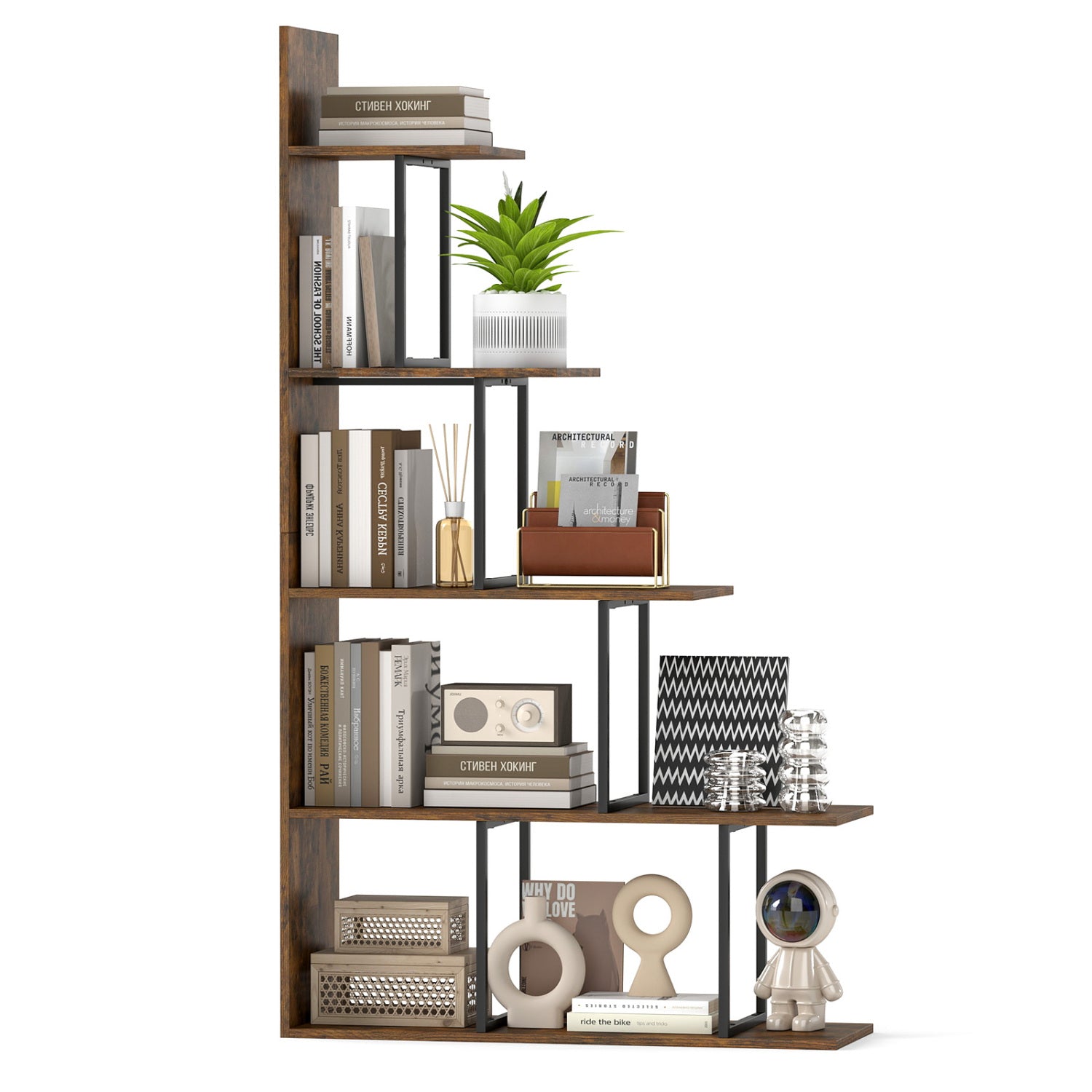 5-Tier Stepped Bookshelf 62" Tall with Metal Frame