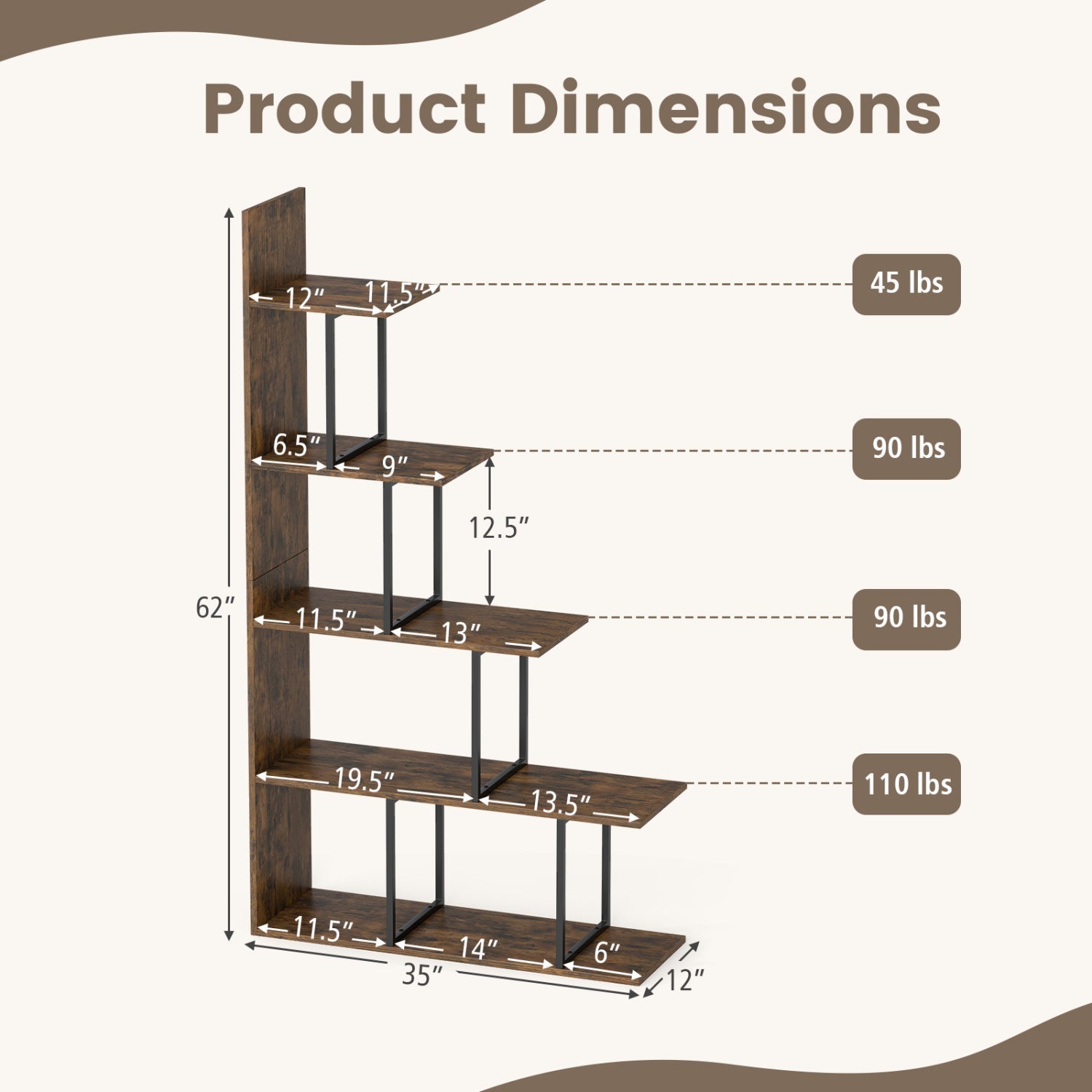 5-Tier Stepped Bookshelf 62" Tall with Metal Frame