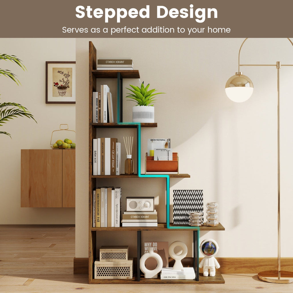 5-Tier Stepped Bookshelf 62" Tall with Metal Frame