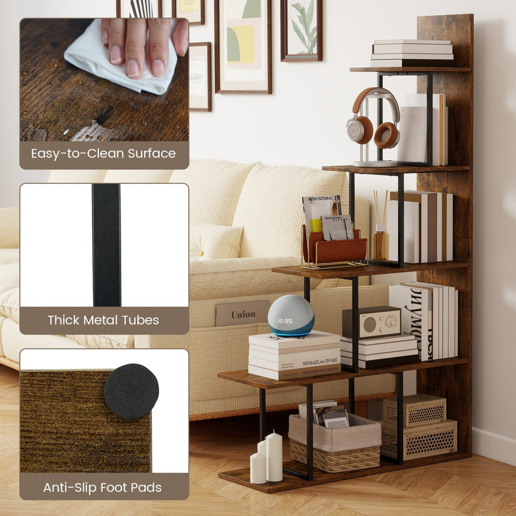 5-Tier Stepped Bookshelf 62" Tall with Metal Frame