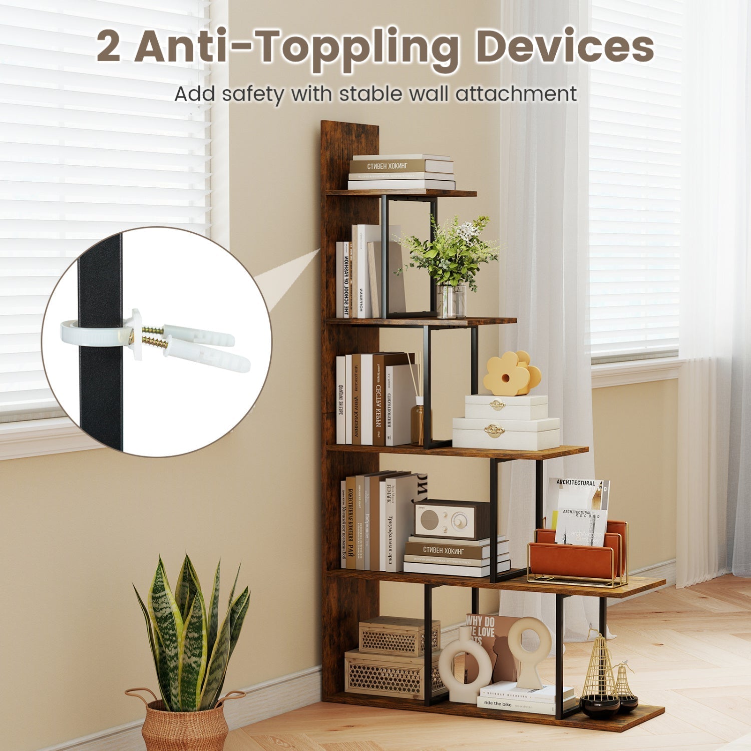 5-Tier Stepped Bookshelf 62" Tall with Metal Frame
