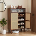 5-Tier Bamboo Shoe Cabinet with Woven Rattan Sliding Doors