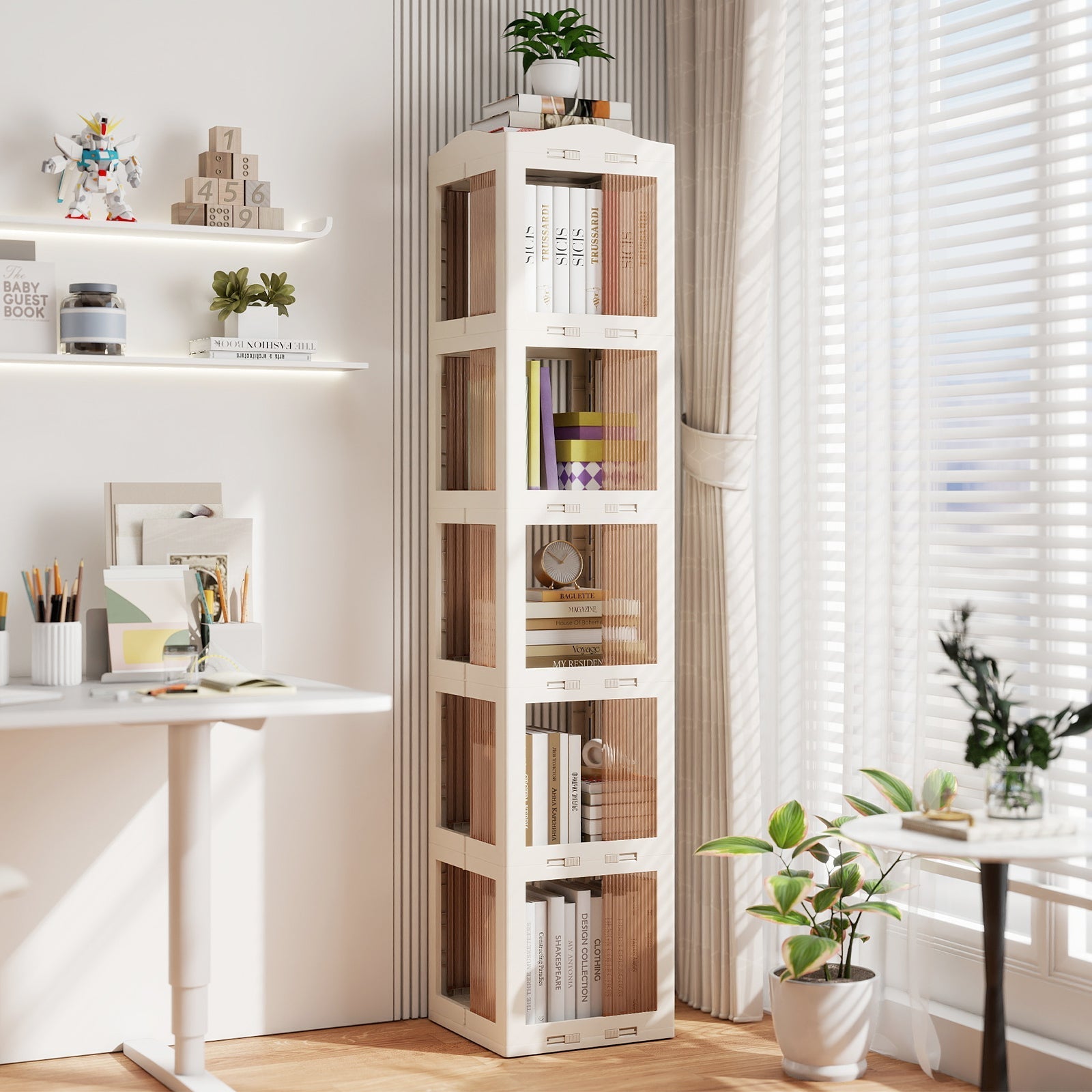 5-Tier Foldable Rotating Bookshelf 360¬∞ Spinning Bookcase with Swivel Base-White