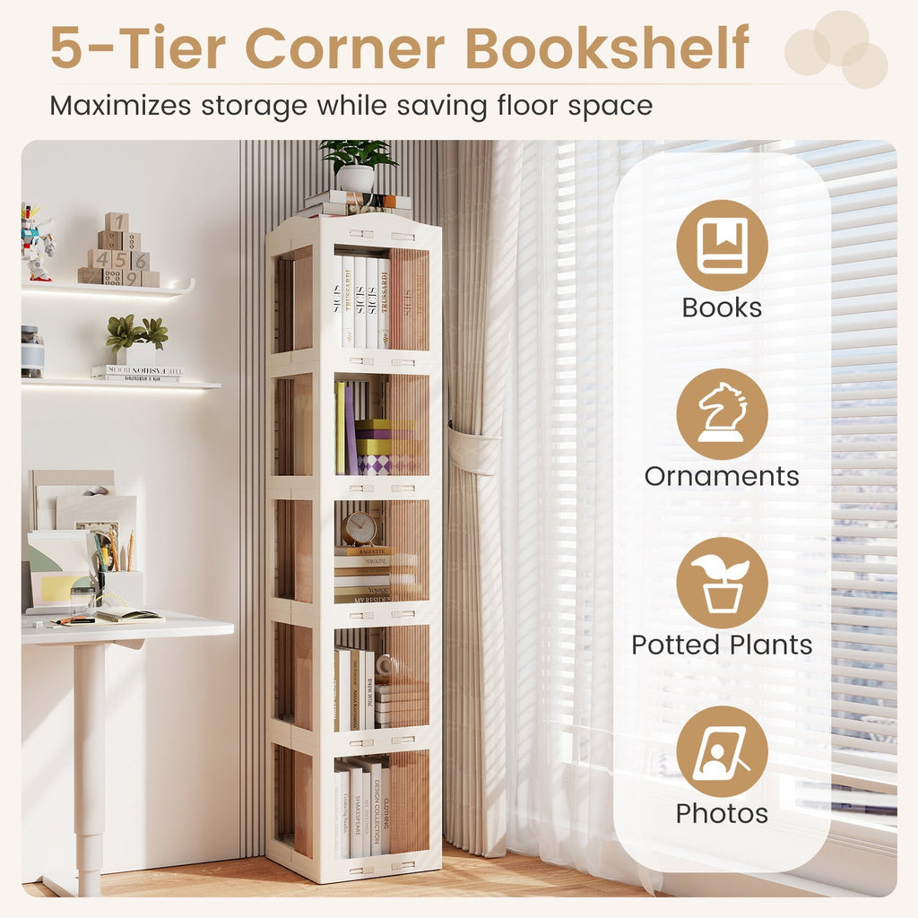 5-Tier Foldable Rotating Bookshelf 360¬∞ Spinning Bookcase with Swivel Base-White