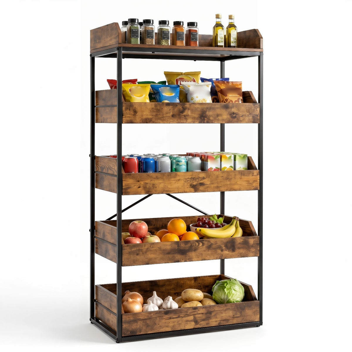 5-Tier Food Storage Rack with Pull-Out Drawers, Rustic Brown