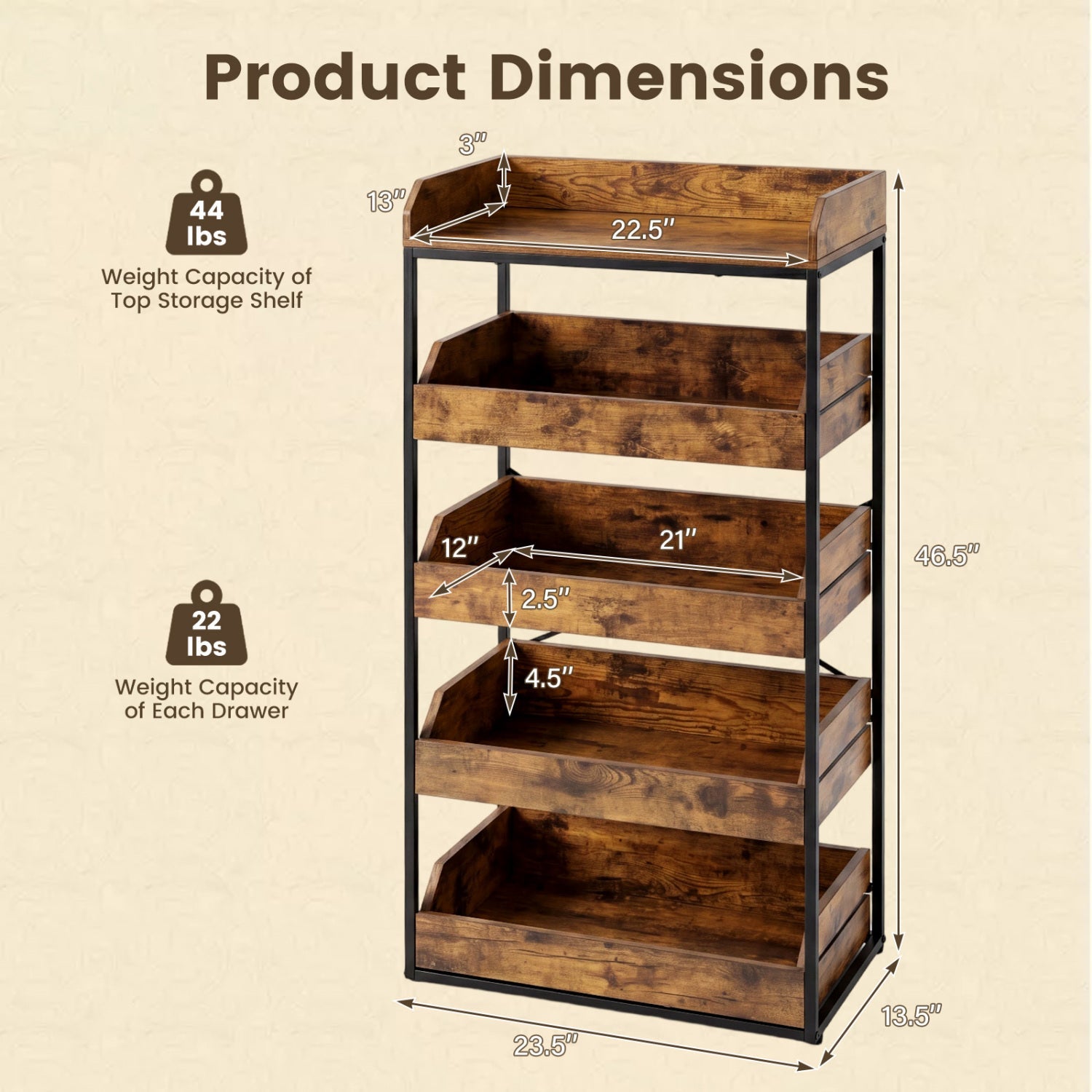 5-Tier Food Storage Rack with Pull-Out Drawers, Rustic Brown