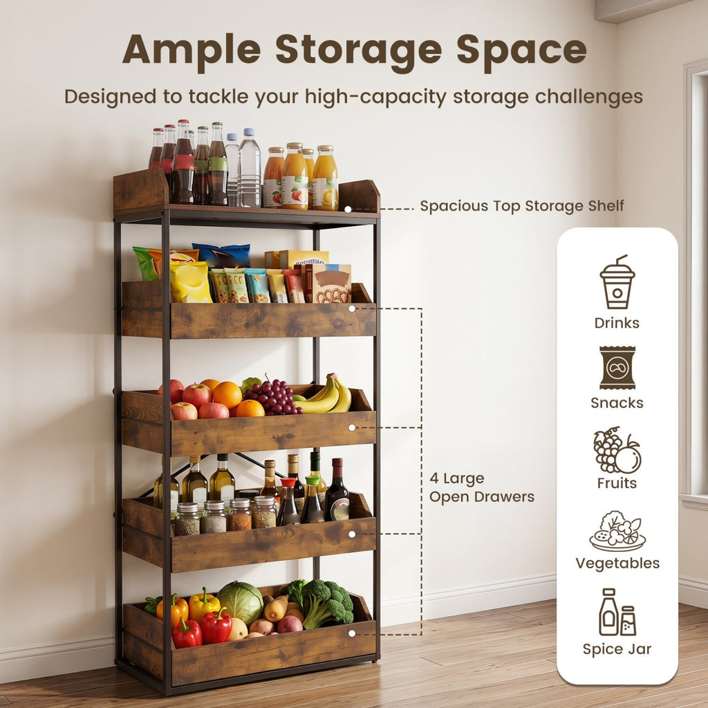 5-Tier Food Storage Rack with Pull-Out Drawers, Rustic Brown