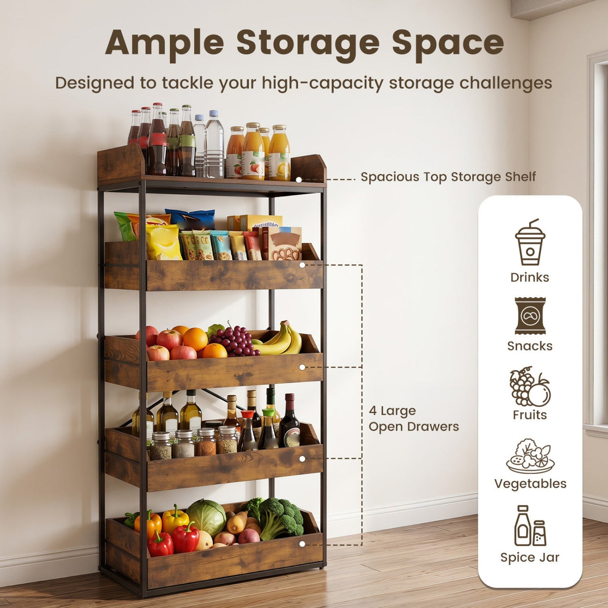 5-Tier Food Storage Rack with Pull-Out Drawers, Rustic Brown