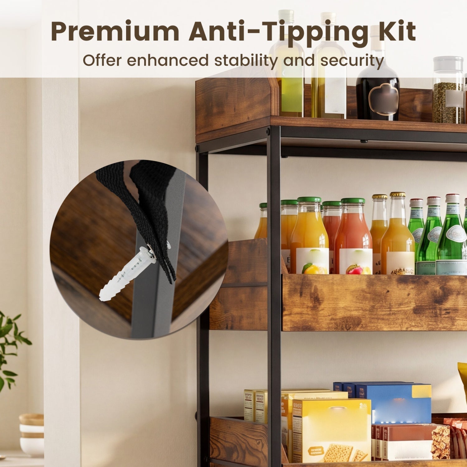 5-Tier Food Storage Rack with Pull-Out Drawers, Rustic Brown