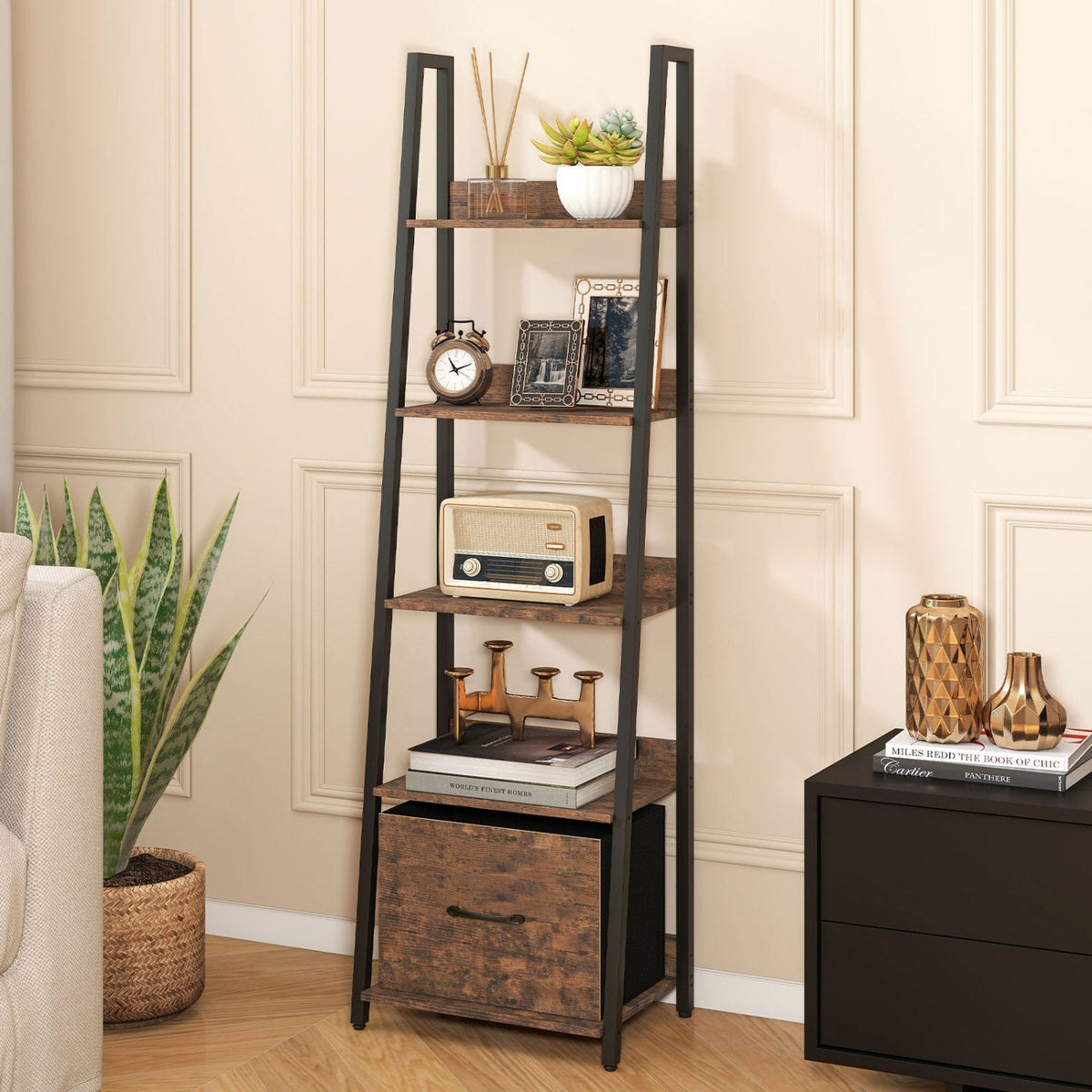 5-Tier Ladder Bookshelf with Fabric Drawer