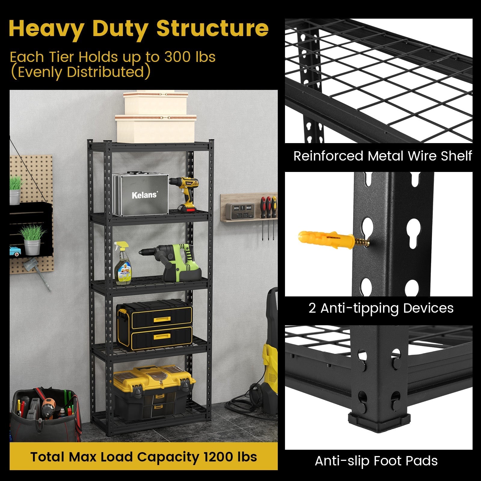 5-Tier Heavy Duty Wire Storage Racks with Anti-slip Foot Pad