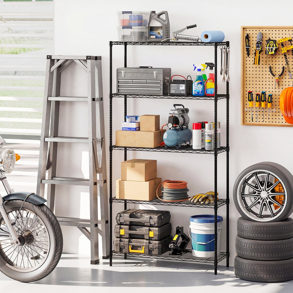 5-Tier Metal Storage Shelving Unit with V-Shaped Wire Rack and 1250 LBS Capacity-Black