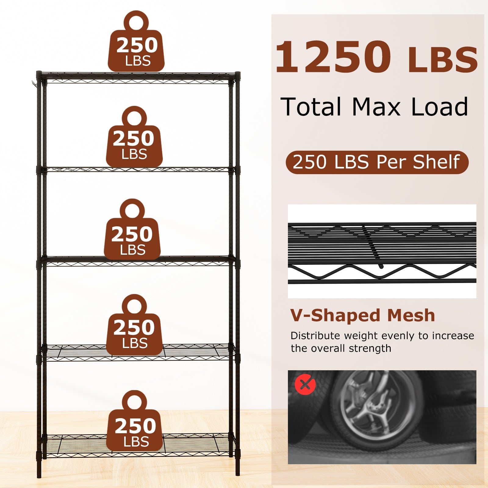 5-Tier Metal Storage Shelving Unit with V-Shaped Wire Rack and 1250 LBS Capacity-Black