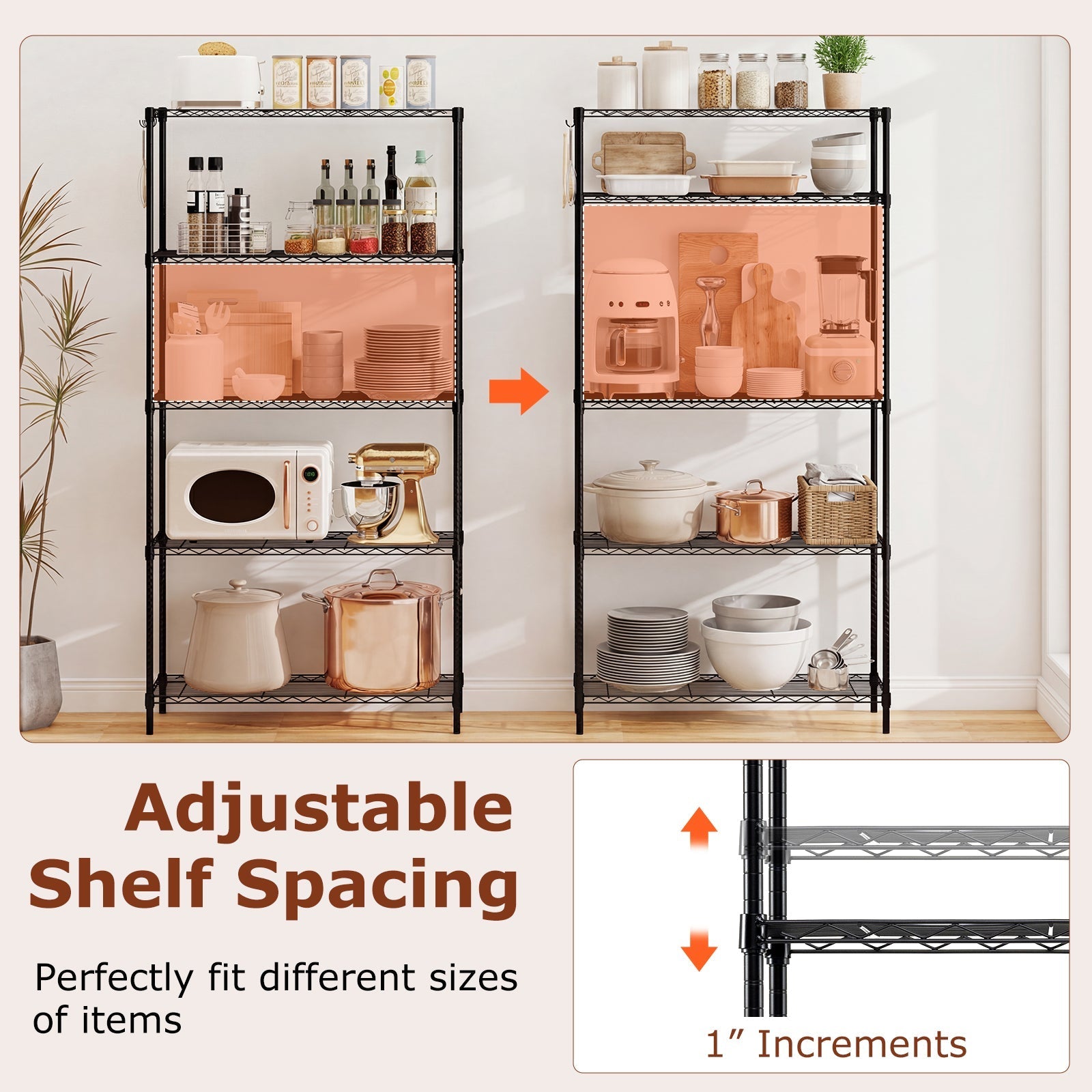 5-Tier Metal Storage Shelving Unit with V-Shaped Wire Rack and 1250 LBS Capacity-Black