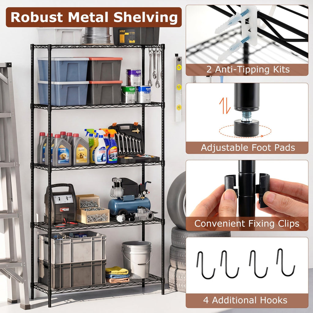 5-Tier Metal Storage Shelving Unit with V-Shaped Wire Rack and 1250 LBS Capacity-Black