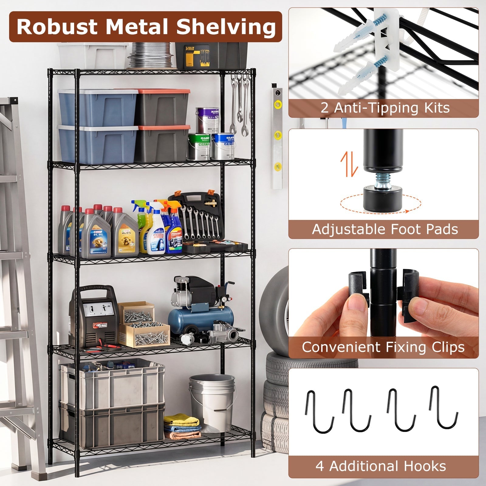 5-Tier Metal Storage Shelving Unit with V-Shaped Wire Rack and 1250 LBS Capacity-Black