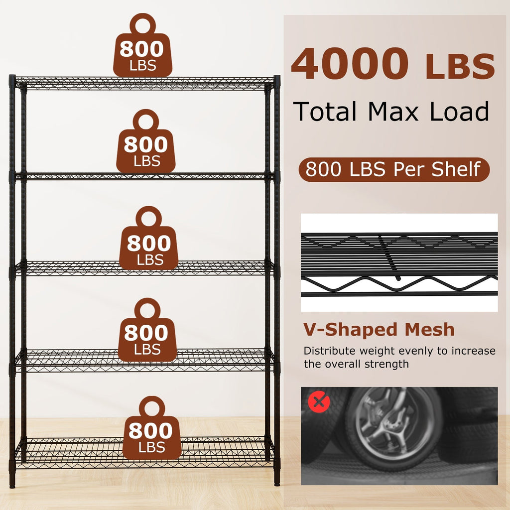 5-Tier Metal Storage Shelving Unit with V-Shaped Wire Rack-Black