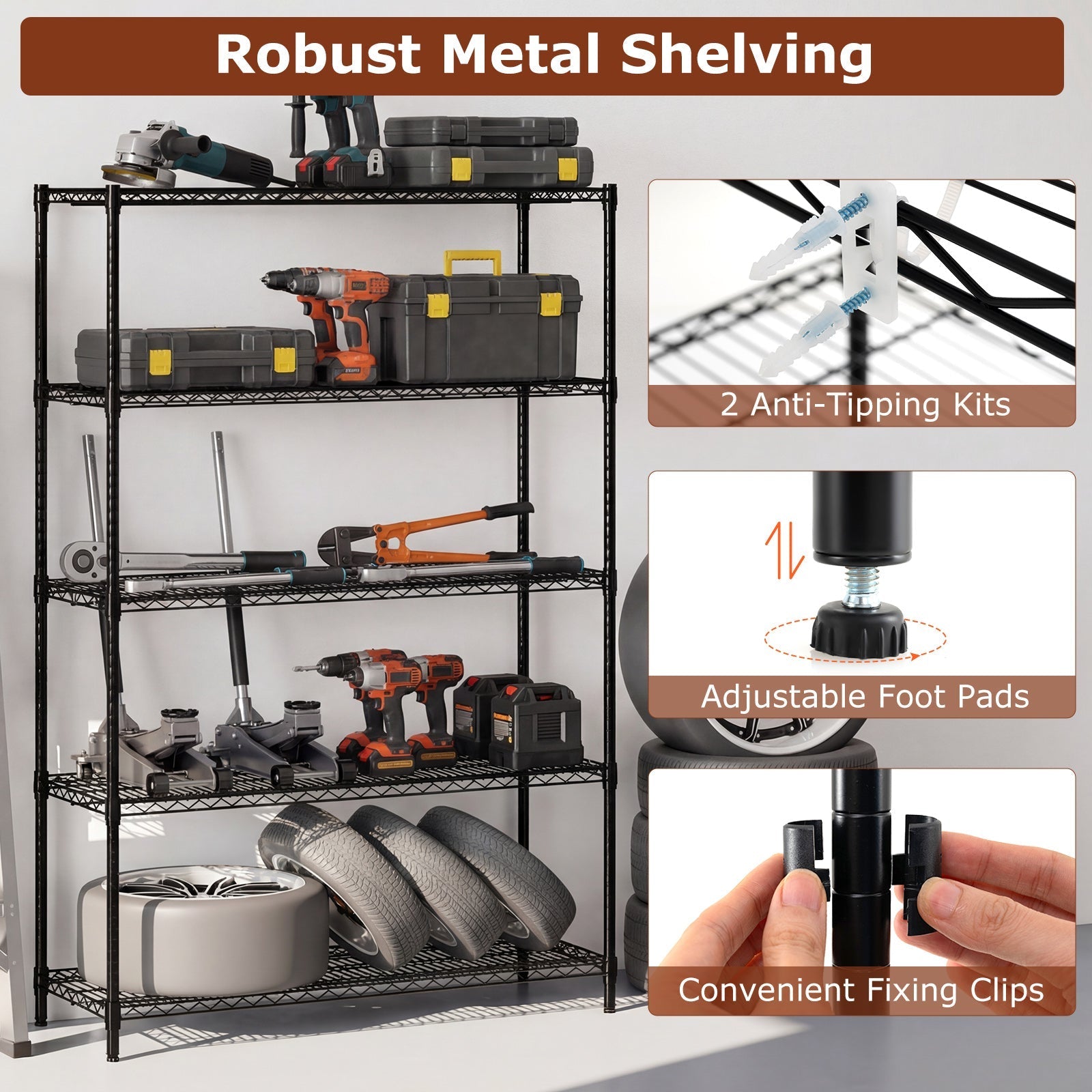 5-Tier Metal Storage Shelving Unit with V-Shaped Wire Rack-Black