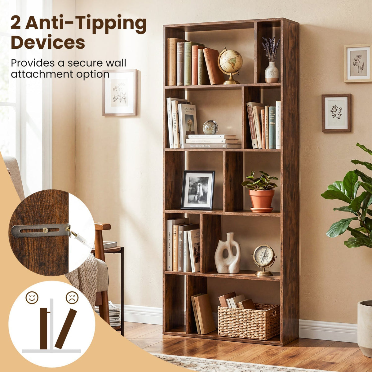 5-Tier Bookshelf with Open Back and Anti-Tipping Kit