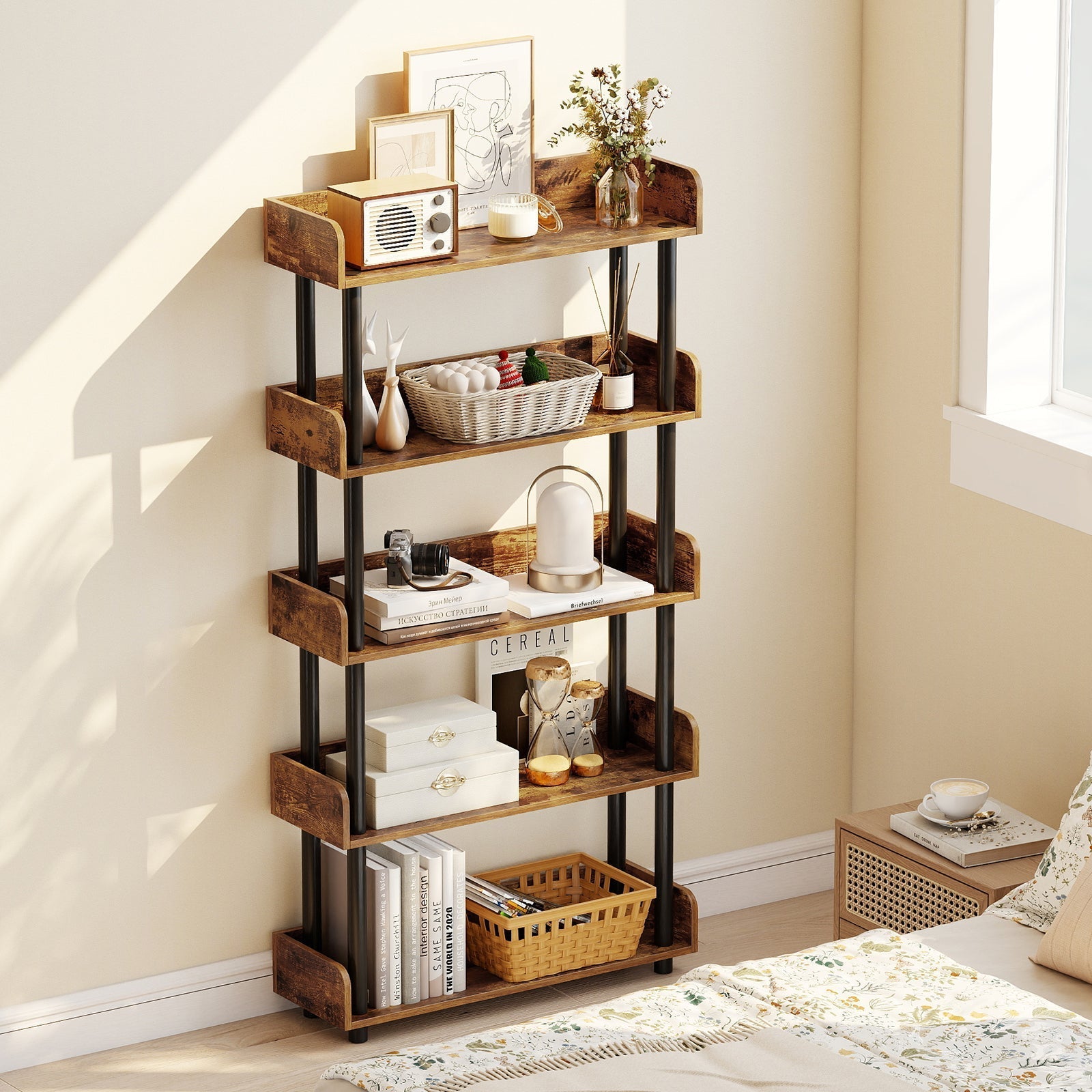 5-Tier Open Bookcase with Industrial Storage Unit