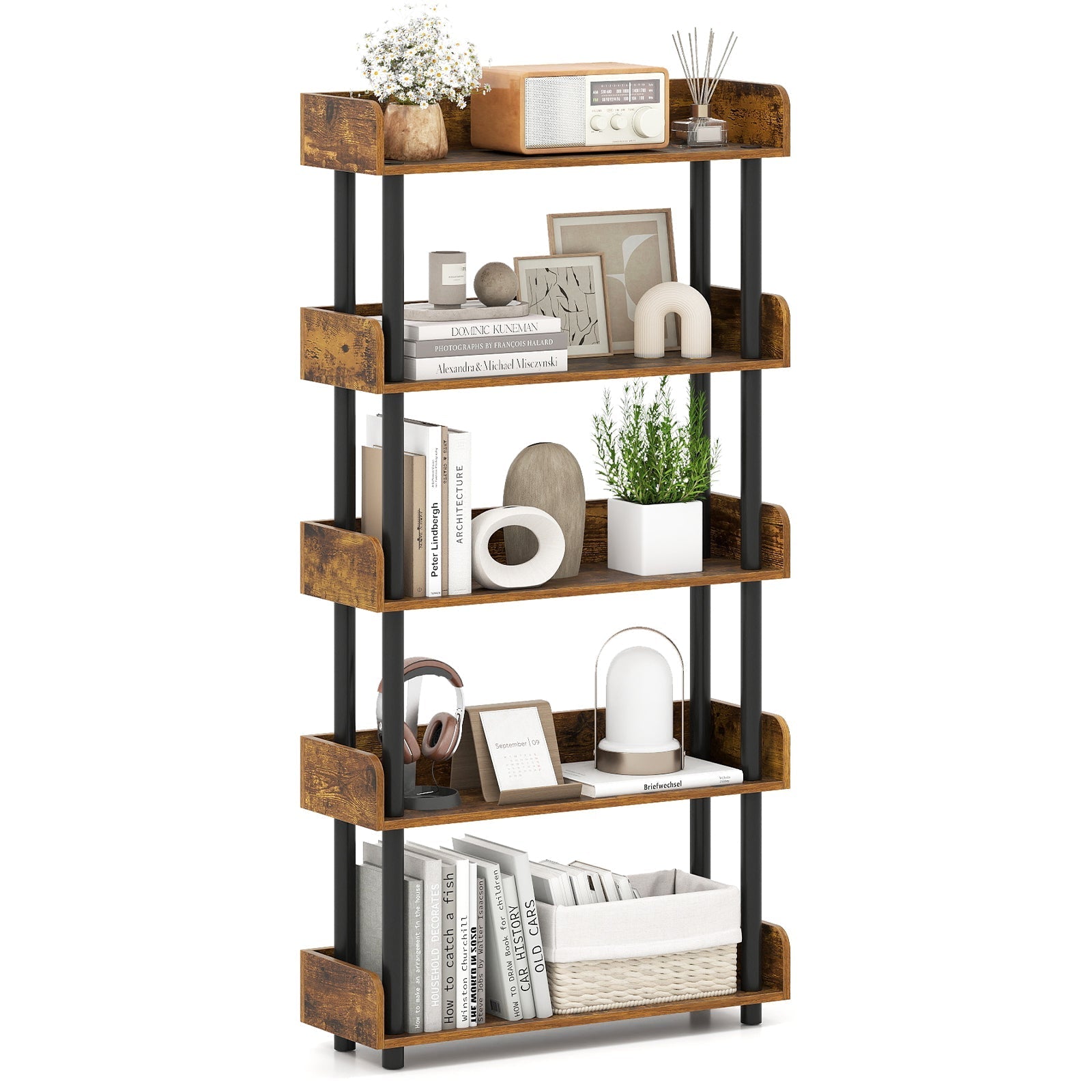 5-Tier Open Bookcase with Industrial Storage Unit