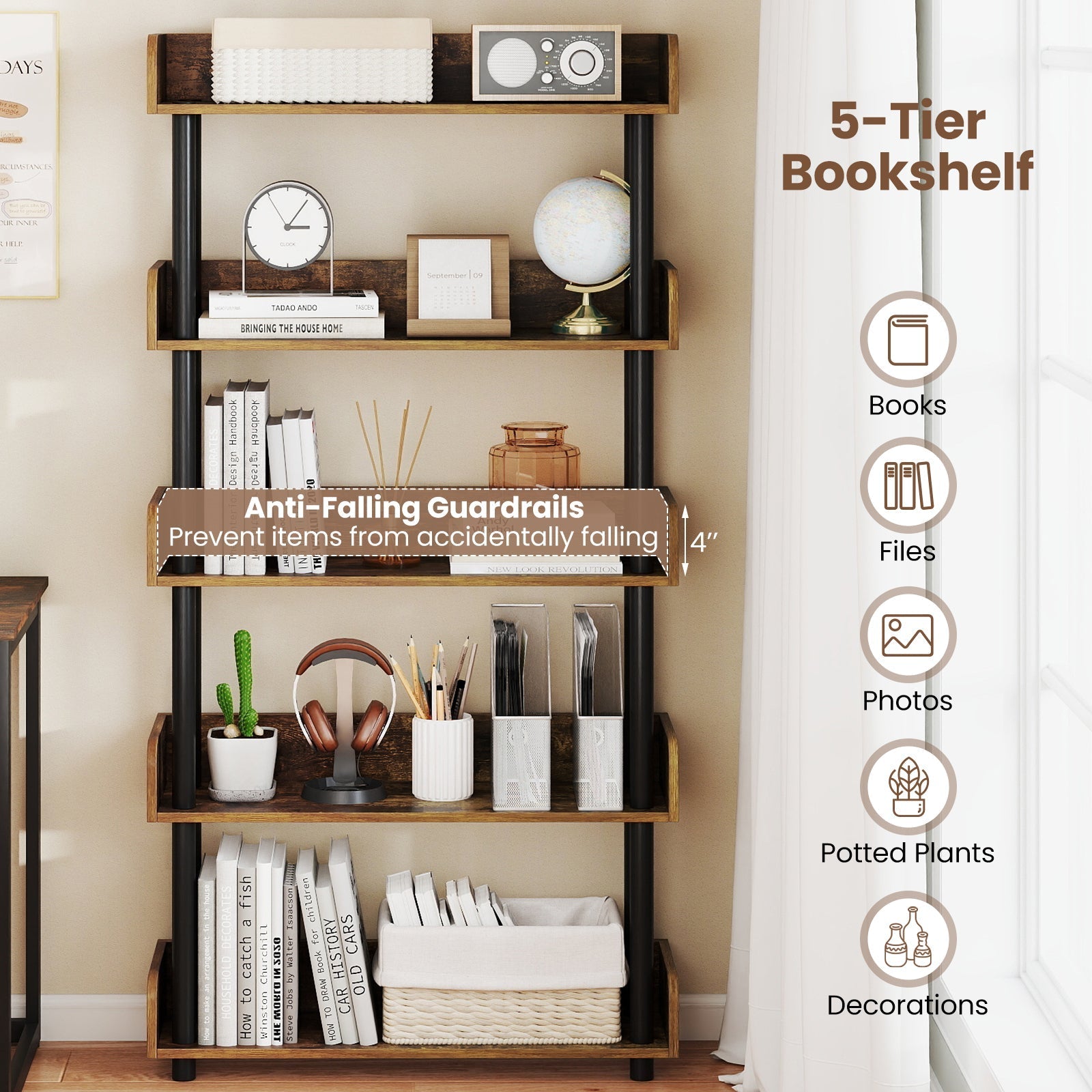 5-Tier Open Bookcase with Industrial Storage Unit