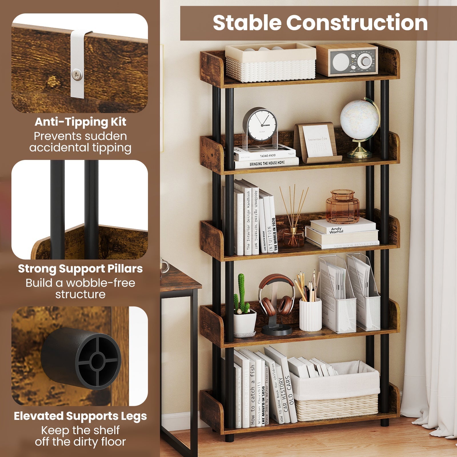 5-Tier Open Bookcase with Industrial Storage Unit