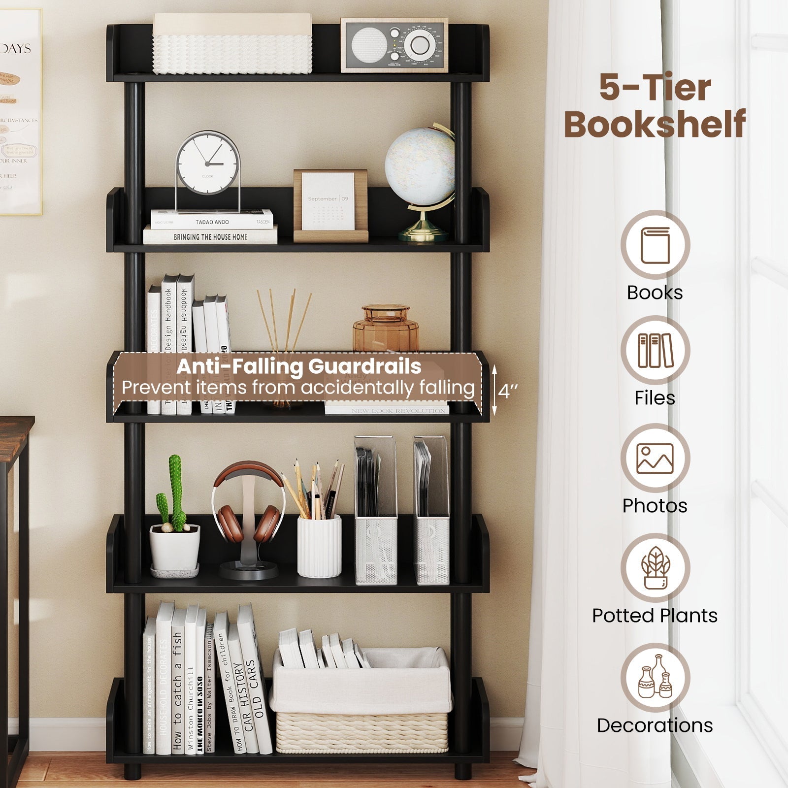 5-Tier Open Bookcase with Industrial Storage Unit