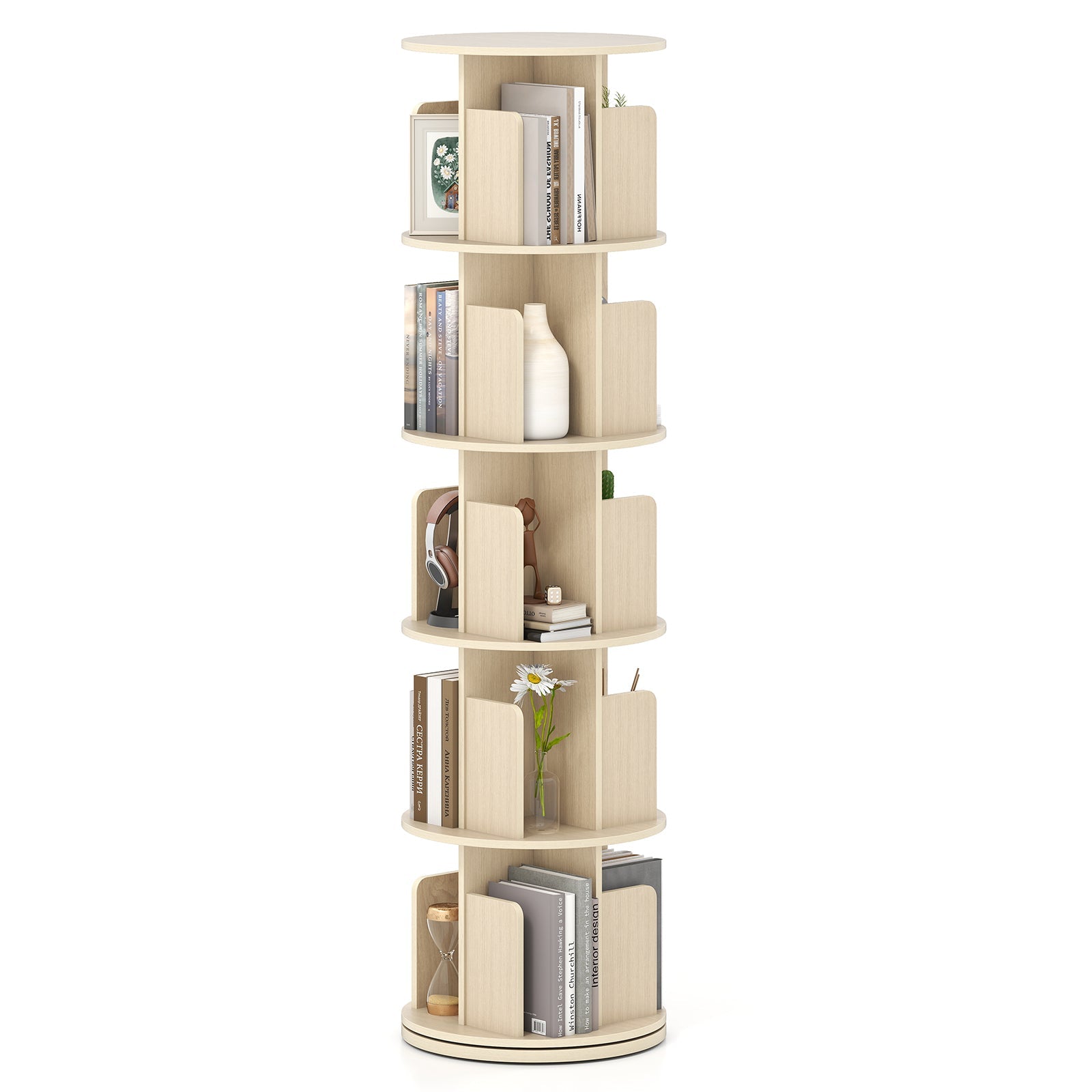 5-Tier Rotating Bookshelf 360¬∞ Display Rack with Dividers and Anti-falling Baffles